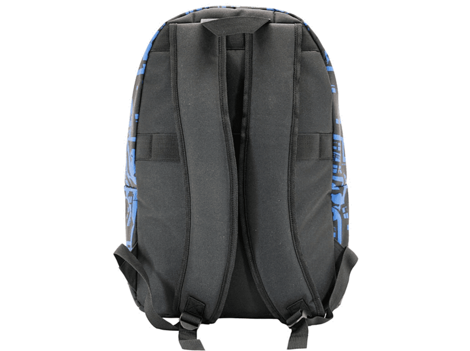 Mochila negra con patrones azules, dos correas para los hombros y un asa negra en la parte superior.