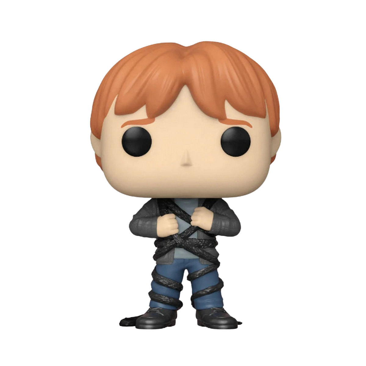 Figurka Funko Pop Rona Weasleya, związanego pnączami. Ma na sobie szarą kurtkę.