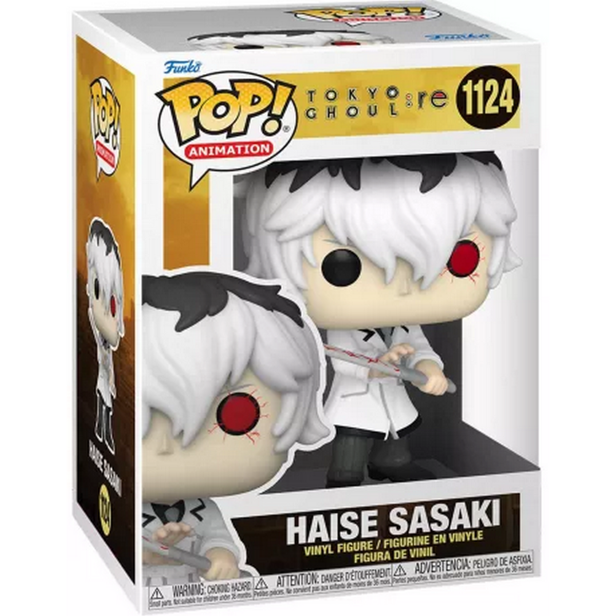 Figura Funko Pop in scatola. È Haise Sasaki di Tokyo Ghoul, con capelli bianchi, che tiene un'arma.
