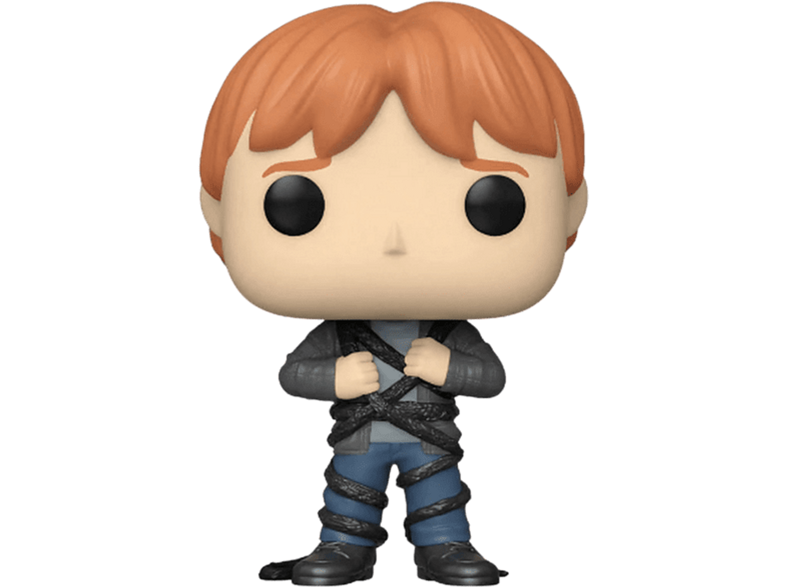 Una figura di Ron Weasley Funko Pop. Indossa una giacca e jeans blu ed è legato da un serpente.
