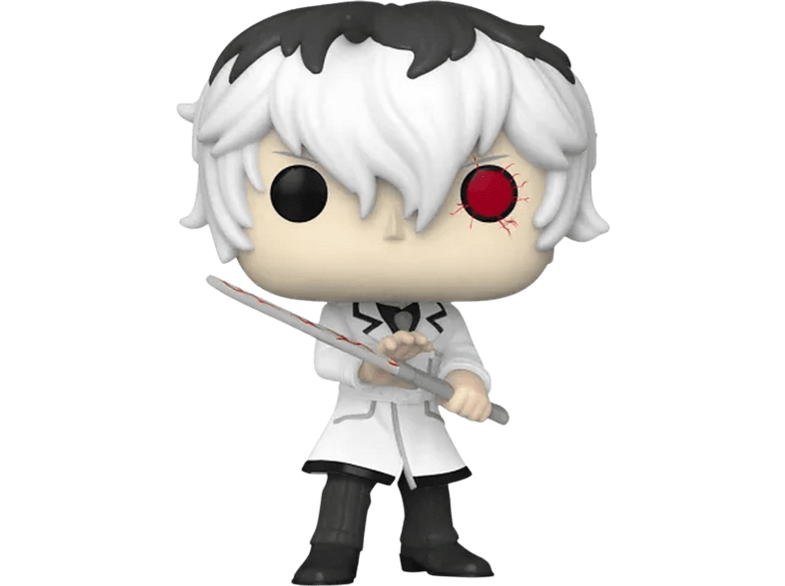 Figura anime, cappotto bianco, spada insanguinata, un occhio rosso.
