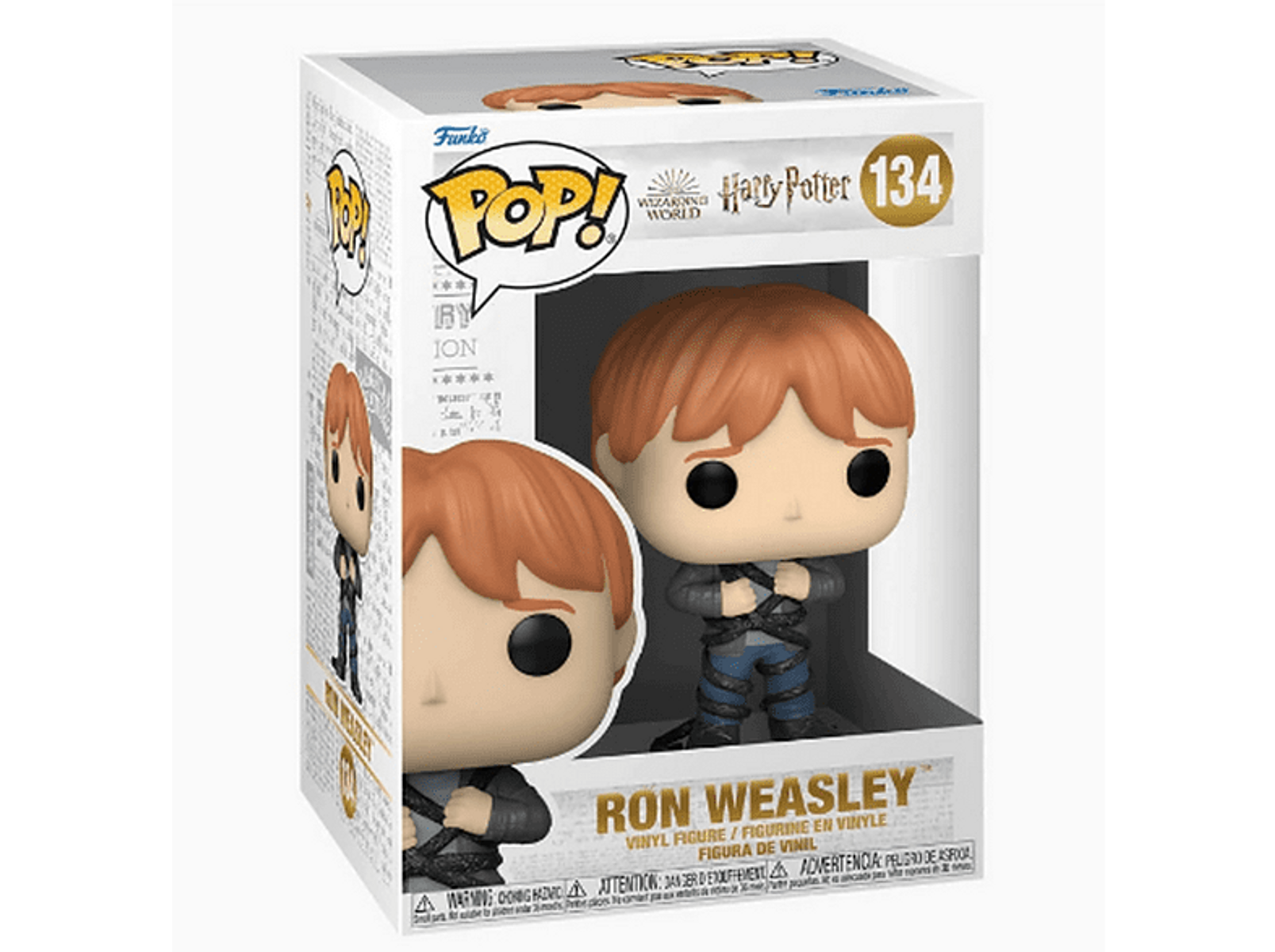 Personaggio Funko Pop di Ron Weasley in una scatola. La scatola mostra il personaggio e il nome.