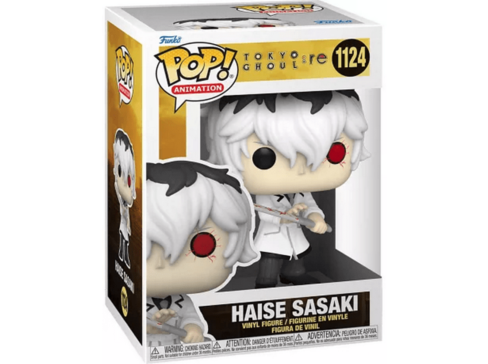Figura di Haise Sasaki da Tokyo Ghoul in una scatola. Capelli bianchi, occhi rossi, tiene un'arma.