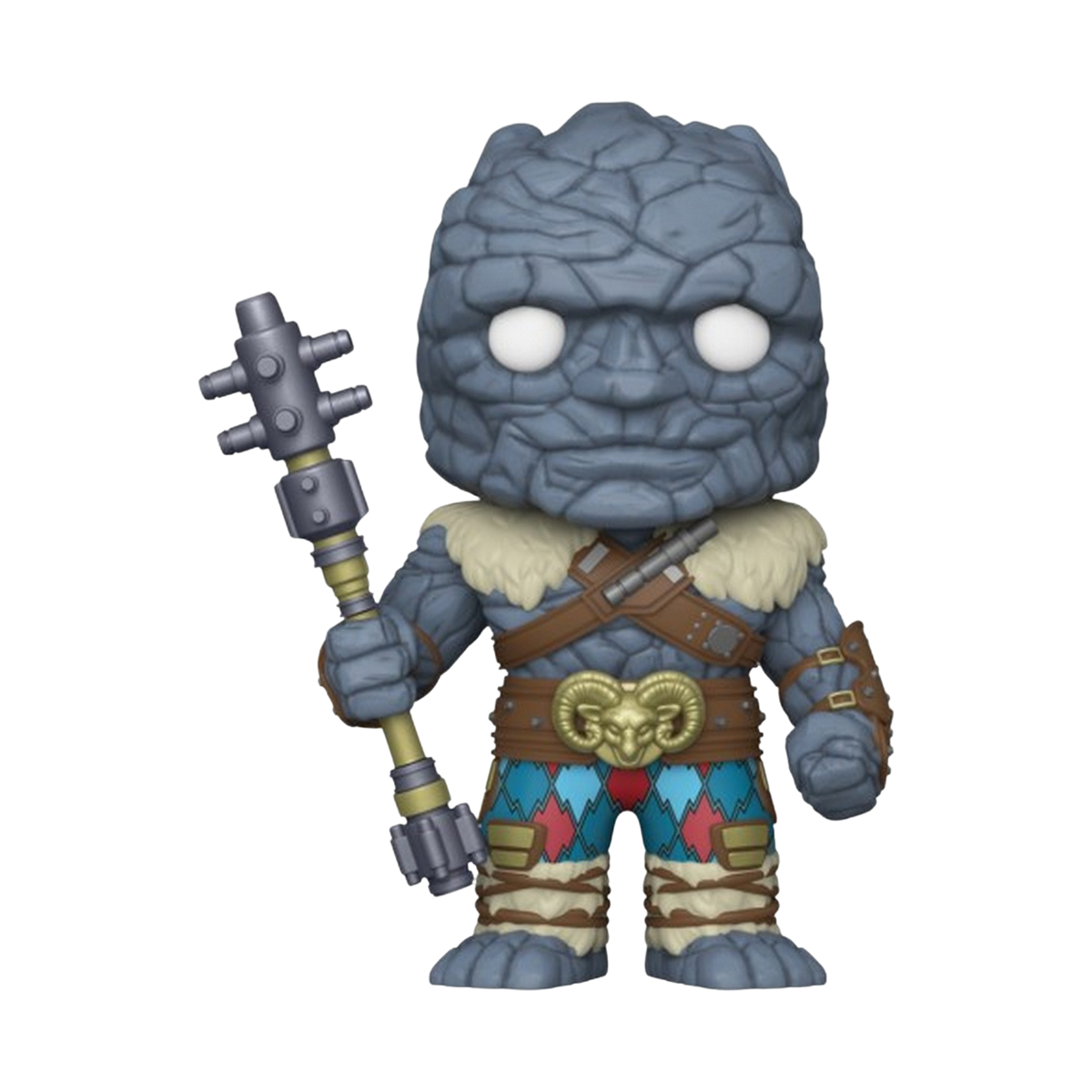Una figura Funko Pop di un mostro di roccia con una mazza. Ha una faccia di pietra e una mazza.