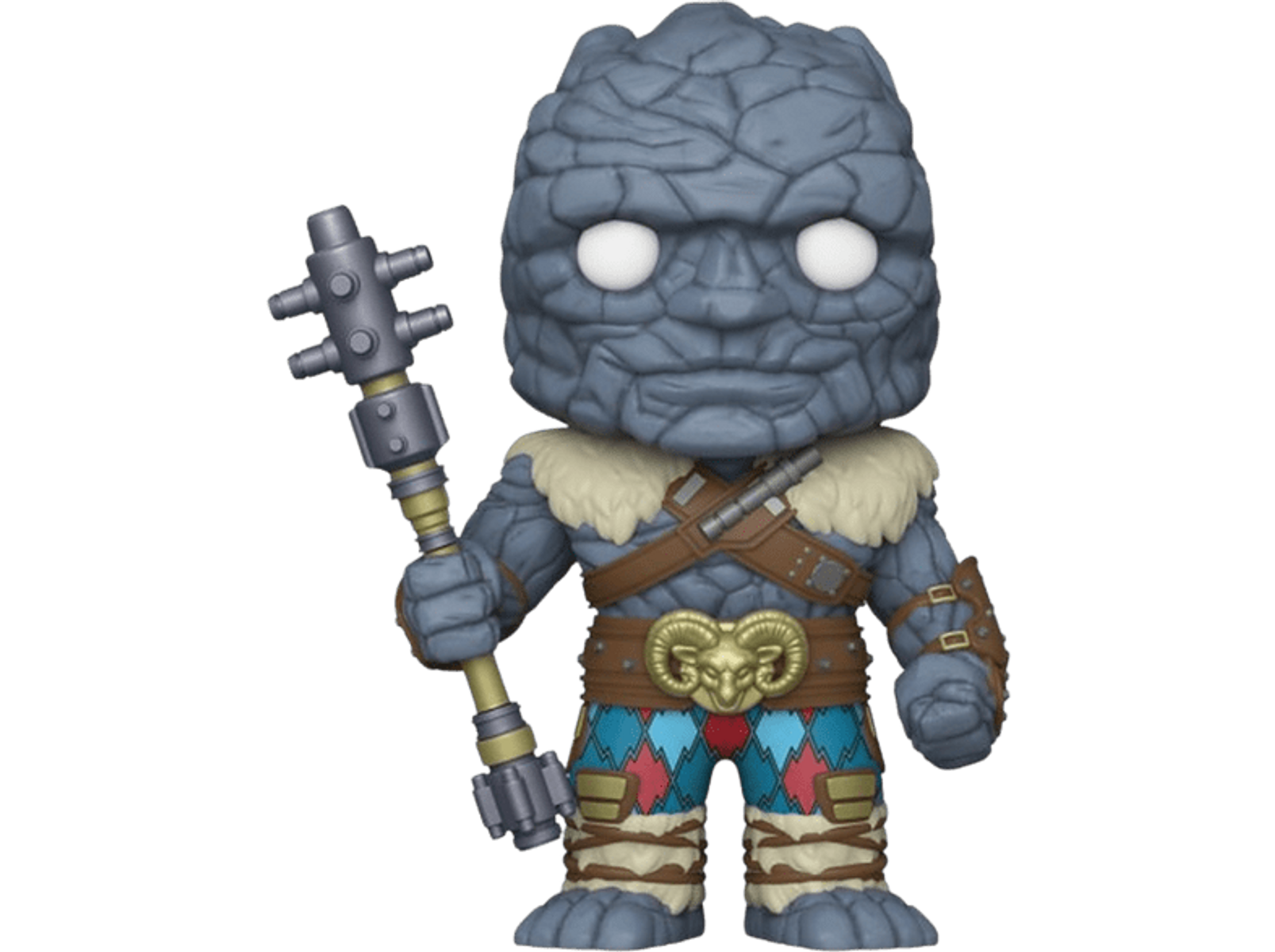 Figura Funko Pop. Un uomo di pietra con la barba, che tiene una mazza chiodata, che indossa un'armatura.