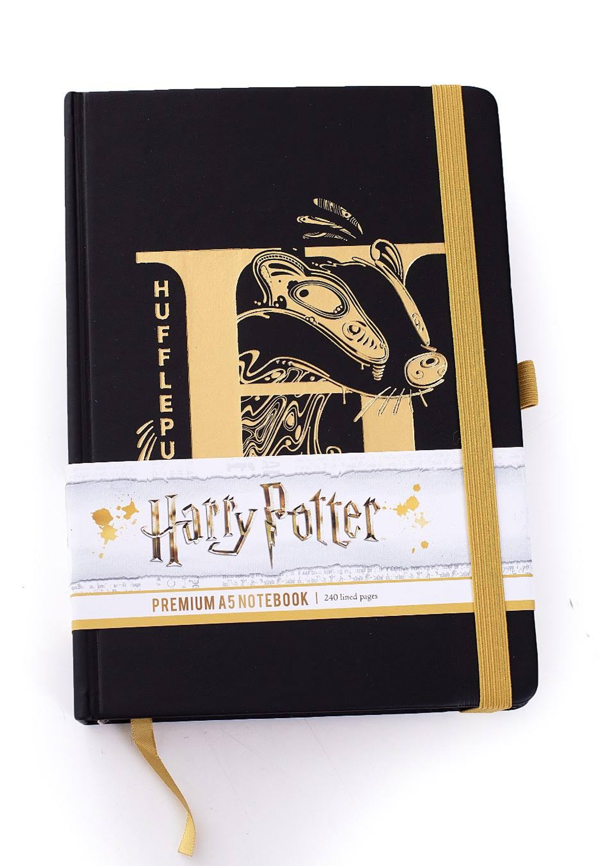 Schwarzes Harry Potter Notizbuch mit goldfarbenem Schriftzug und gelbem Gummiband.
