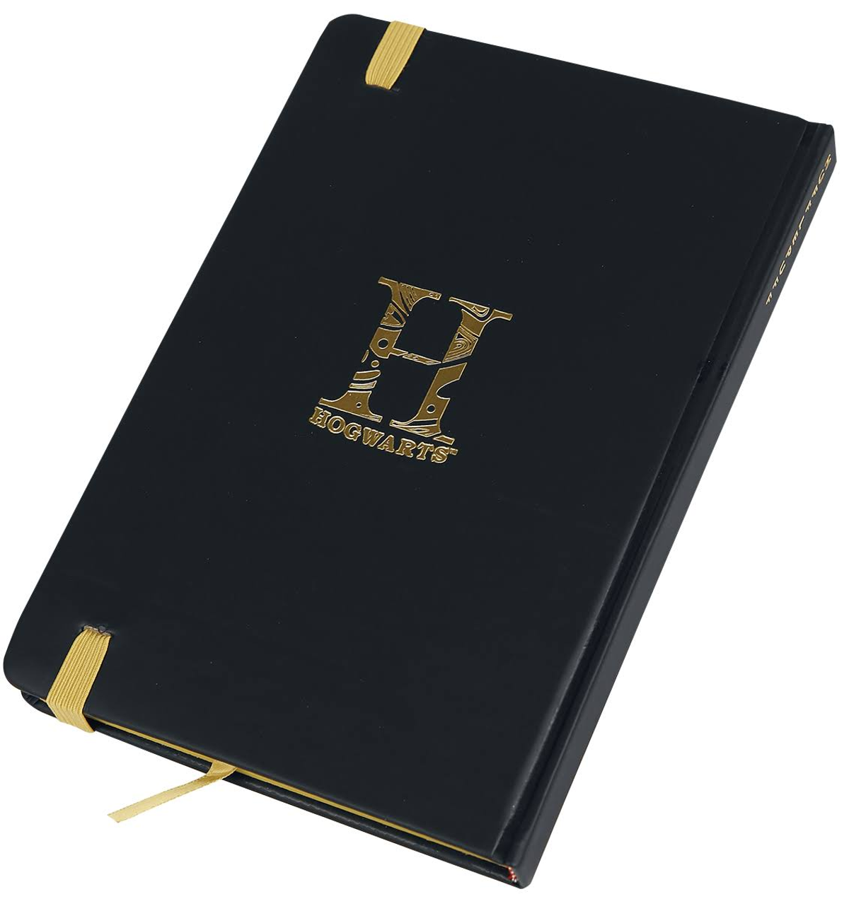 Schwarzes Harry Potter Hogwarts Notizbuch mit goldgeprägtem 'H' und 'Hogwarts' auf dem Einband.