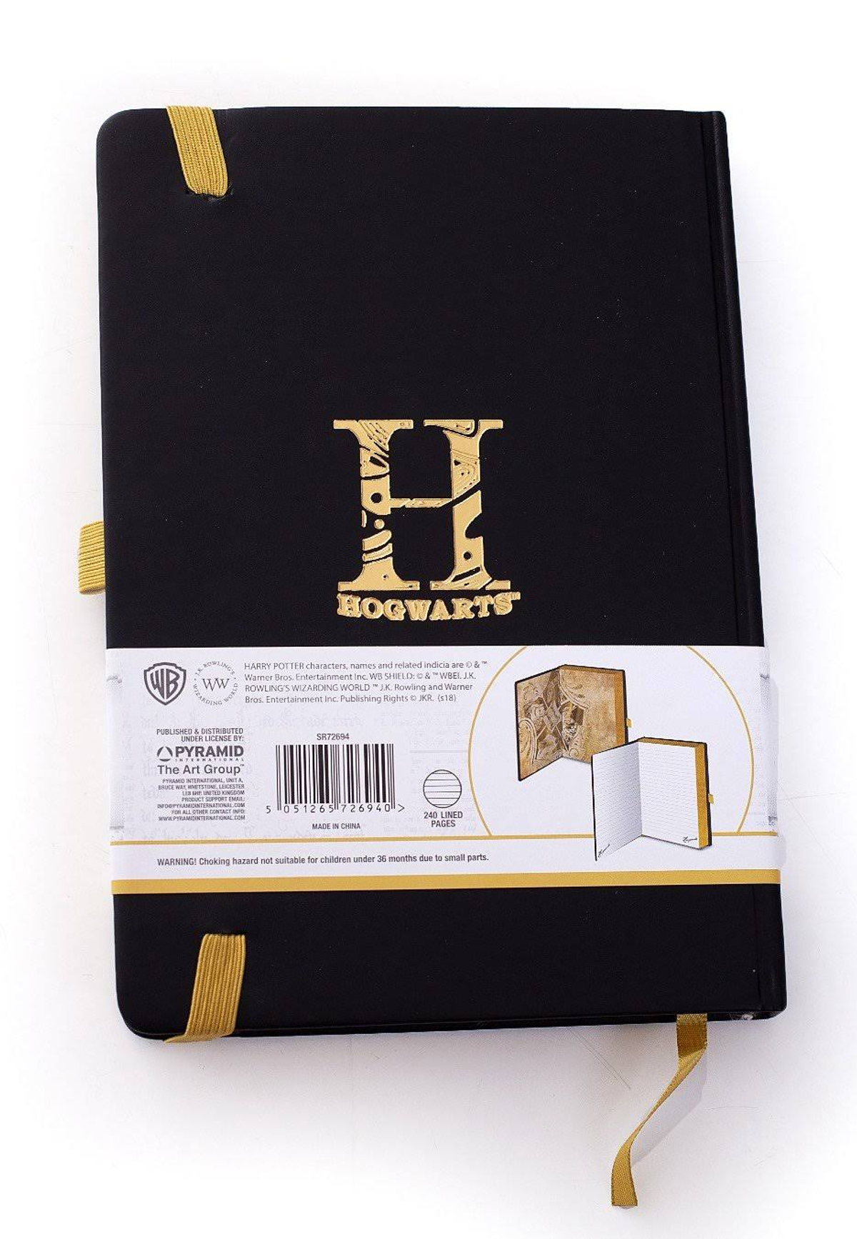 Ein schwarzes Hogwarts-Notizbuch mit goldenem 'H'-Logo und goldenem Band.