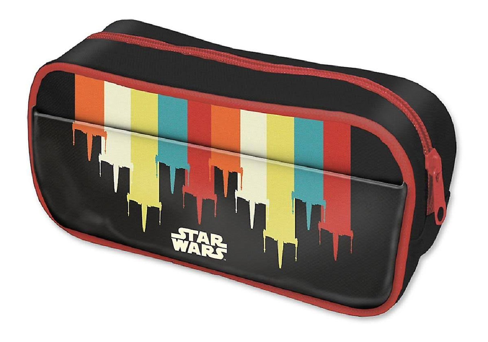 Estuche negro con ribete rojo, un diseño de Star Wars con rayas de colores y el logo de Star Wars.