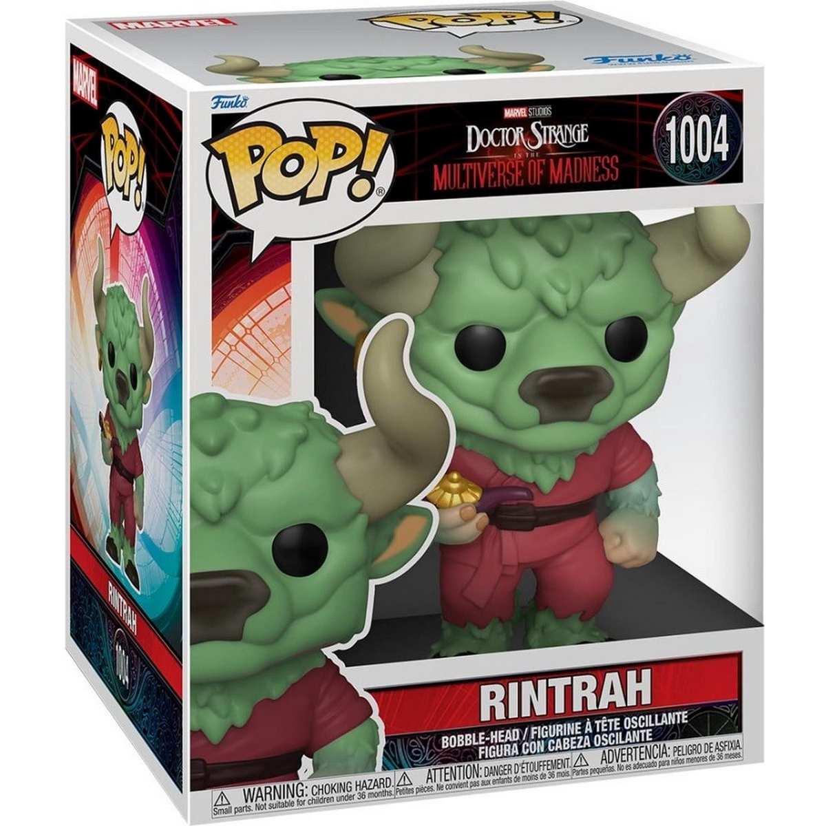 Una figura Funko Pop di Rintrah di Doctor Strange. Mostro verde con corna e abito rosso.