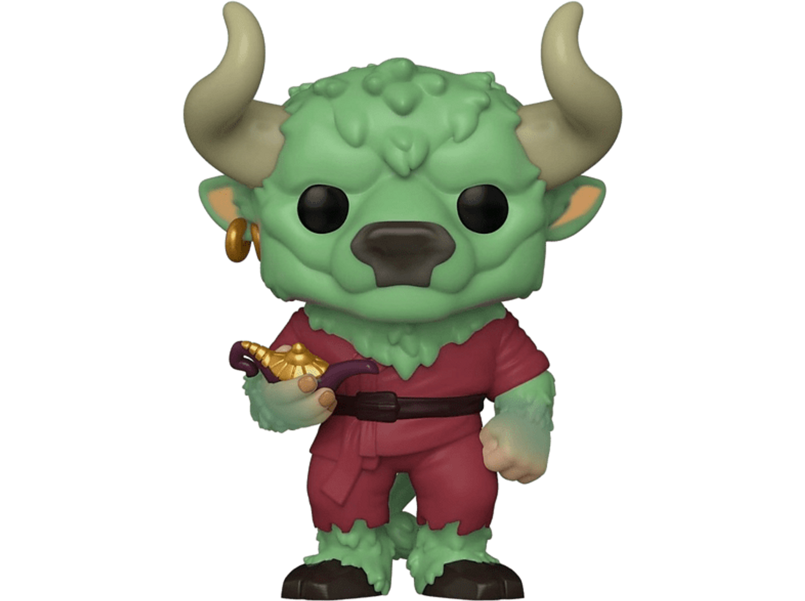 Figura Funko Pop di un Minotauro verde, con in mano una lampada viola. Indossa abiti rossi.