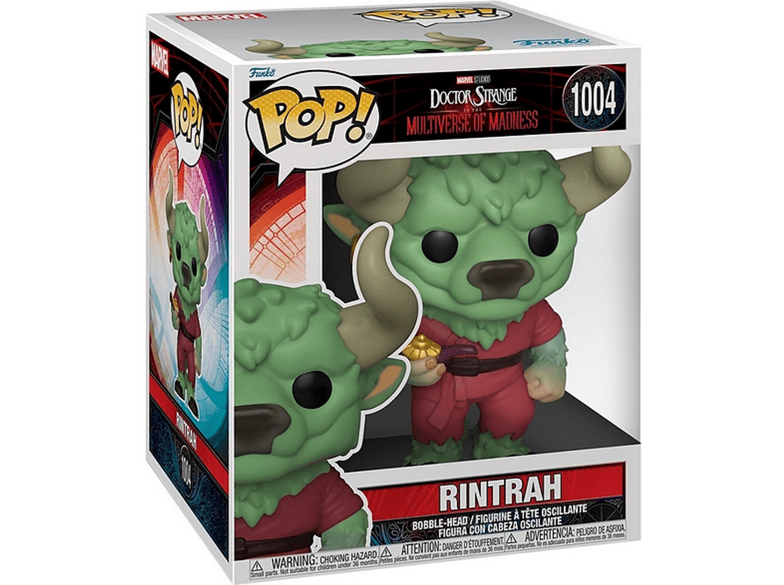 Una statuetta Funko Pop di Rintrah da Doctor Strange, che tiene un oggetto d'oro.
