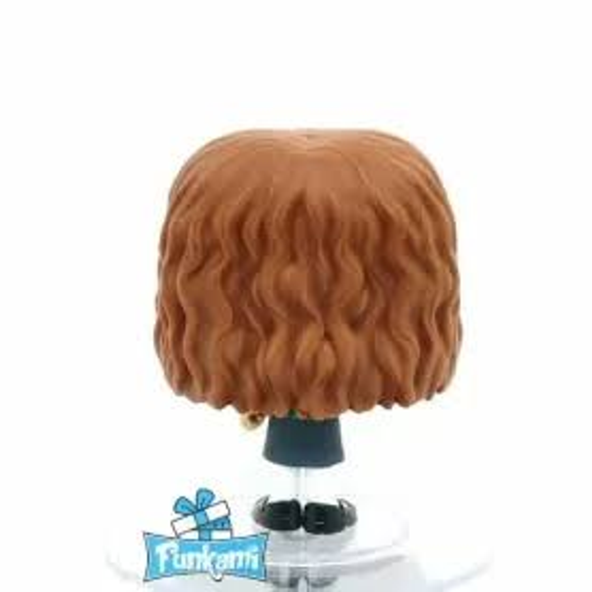 Vista posteriore di una figura Funko Pop. Capelli castani, abito blu e base. Sfondo bianco.