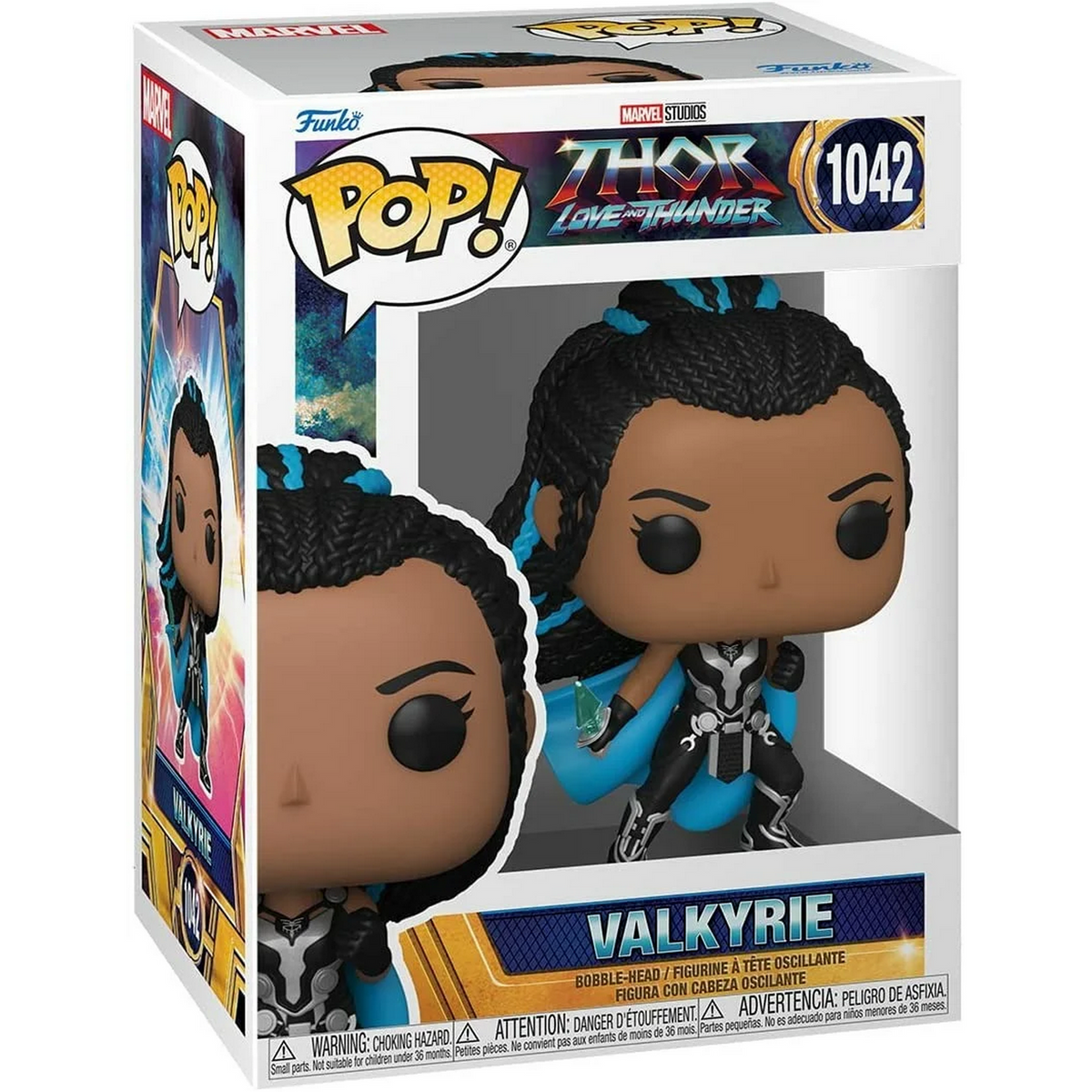 Una scatola Funko Pop con una figura di Valchiria all'interno, che la raffigura in abiti neri e blu.