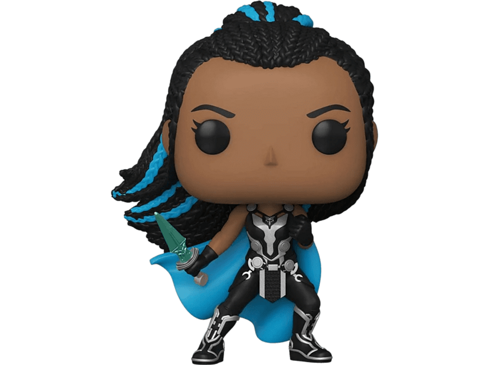 Funko Pop di una donna nera con ciocche blu nei capelli, che tiene una spada e indossa un mantello.