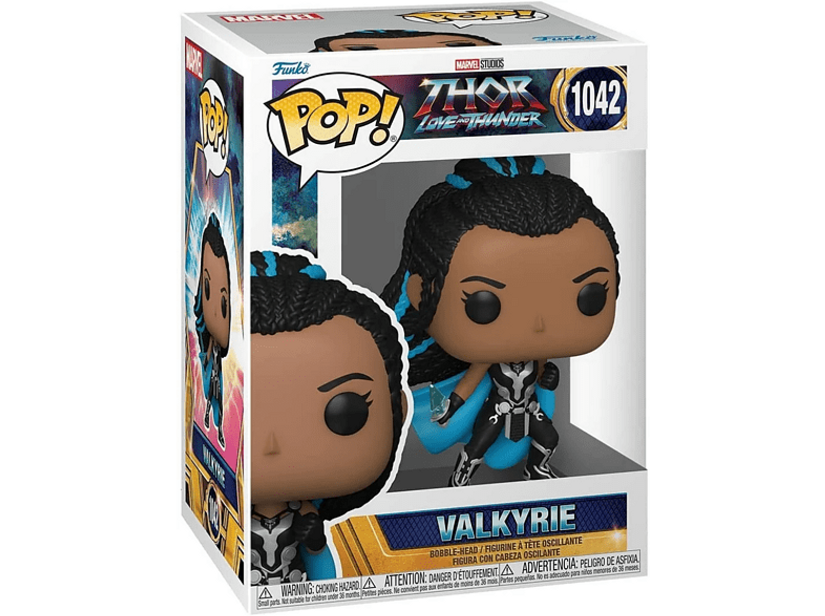 Figura Funko Pop di Valchiria in una scatola. Ha capelli neri intrecciati con riflessi blu, armatura nera e un mantello blu.