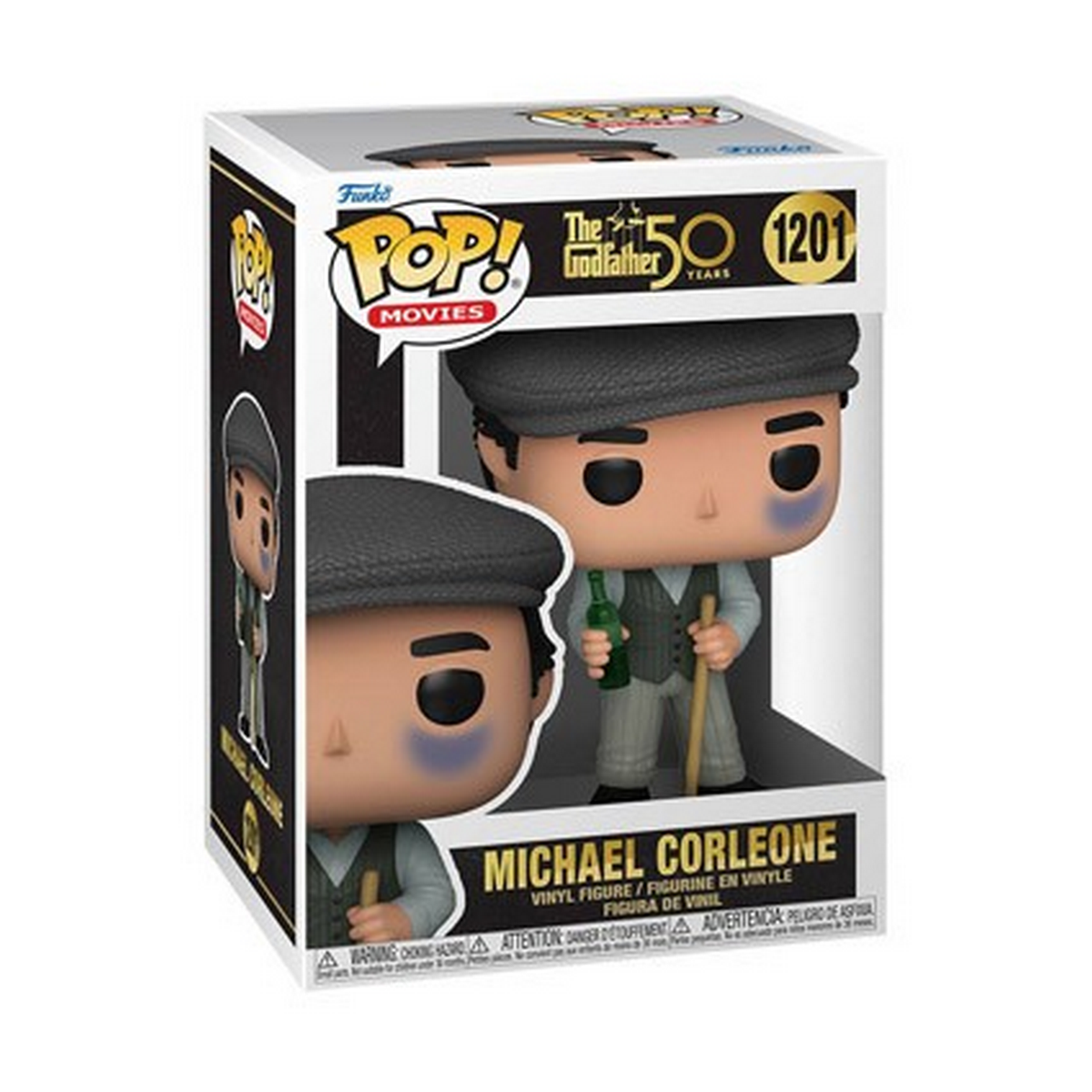 Figurka Funko Pop Ojciec Chrzestny w pudełku. Michael Corleone trzyma butelkę i laskę, w kapeluszu.
