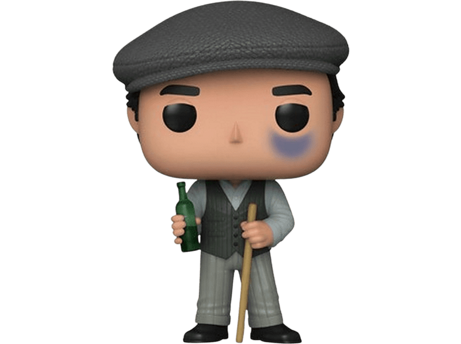 Figurka Funko Pop mężczyzny w szarej czapce, trzymającego butelkę i laskę, z podbitym okiem.
