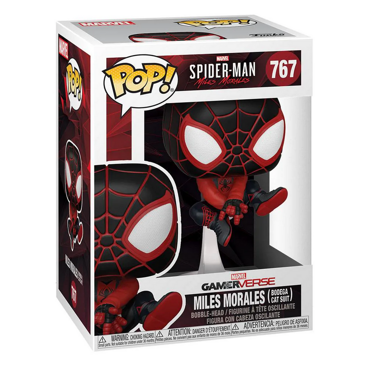Un Funko Pop di Miles Morales in costume da Spider-Man in una scatola, con un design rosso e nero.