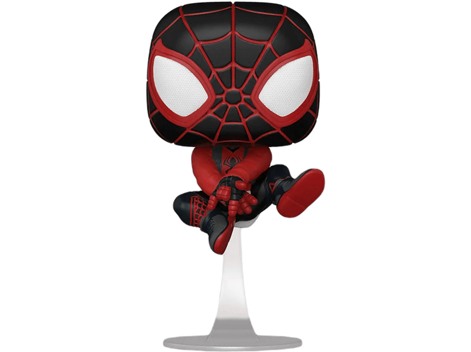 Una figura Funko Pop di Miles Morales/Spider-Man in tuta rossa e nera, su un supporto.