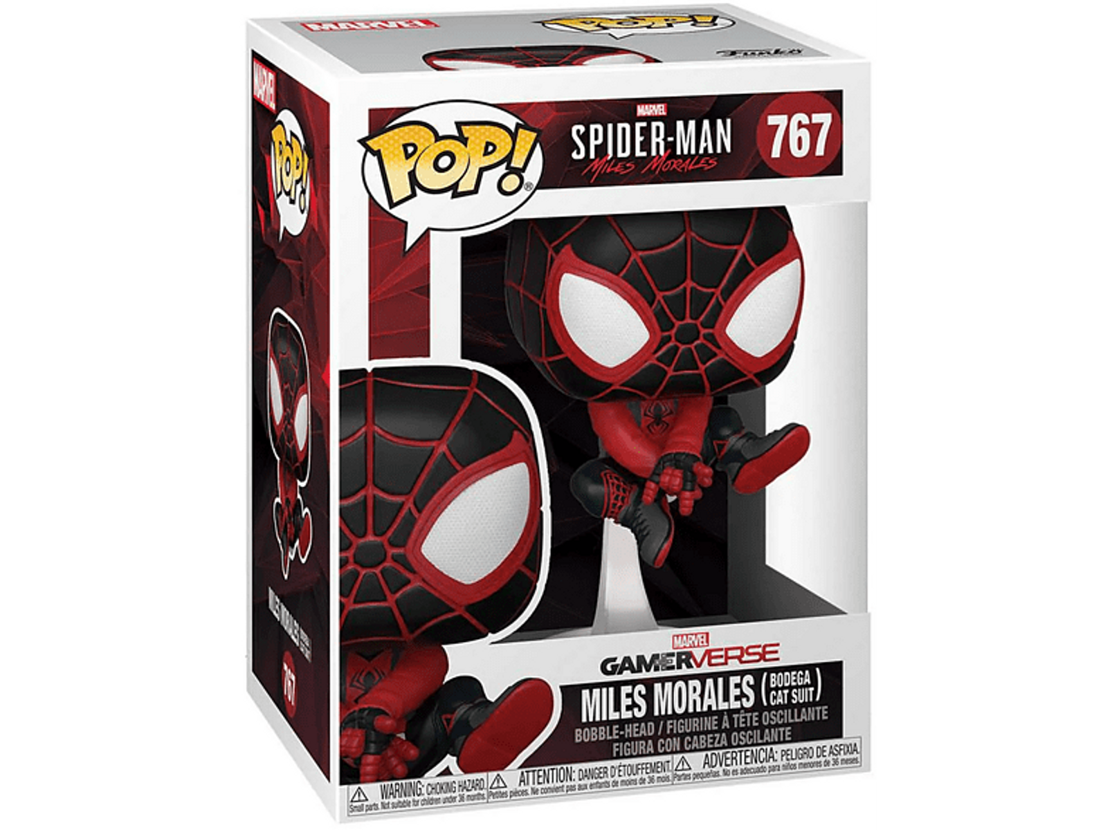 Funko Pop di Spider-Man Miles Morales. Abito rosso e nero. Scatola e figura su sfondo bianco.
