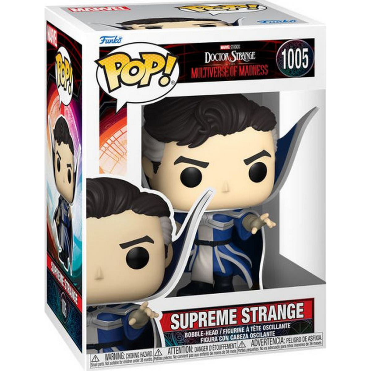 Figura Funko Pop Supreme Strange in una scatola, con più viste.