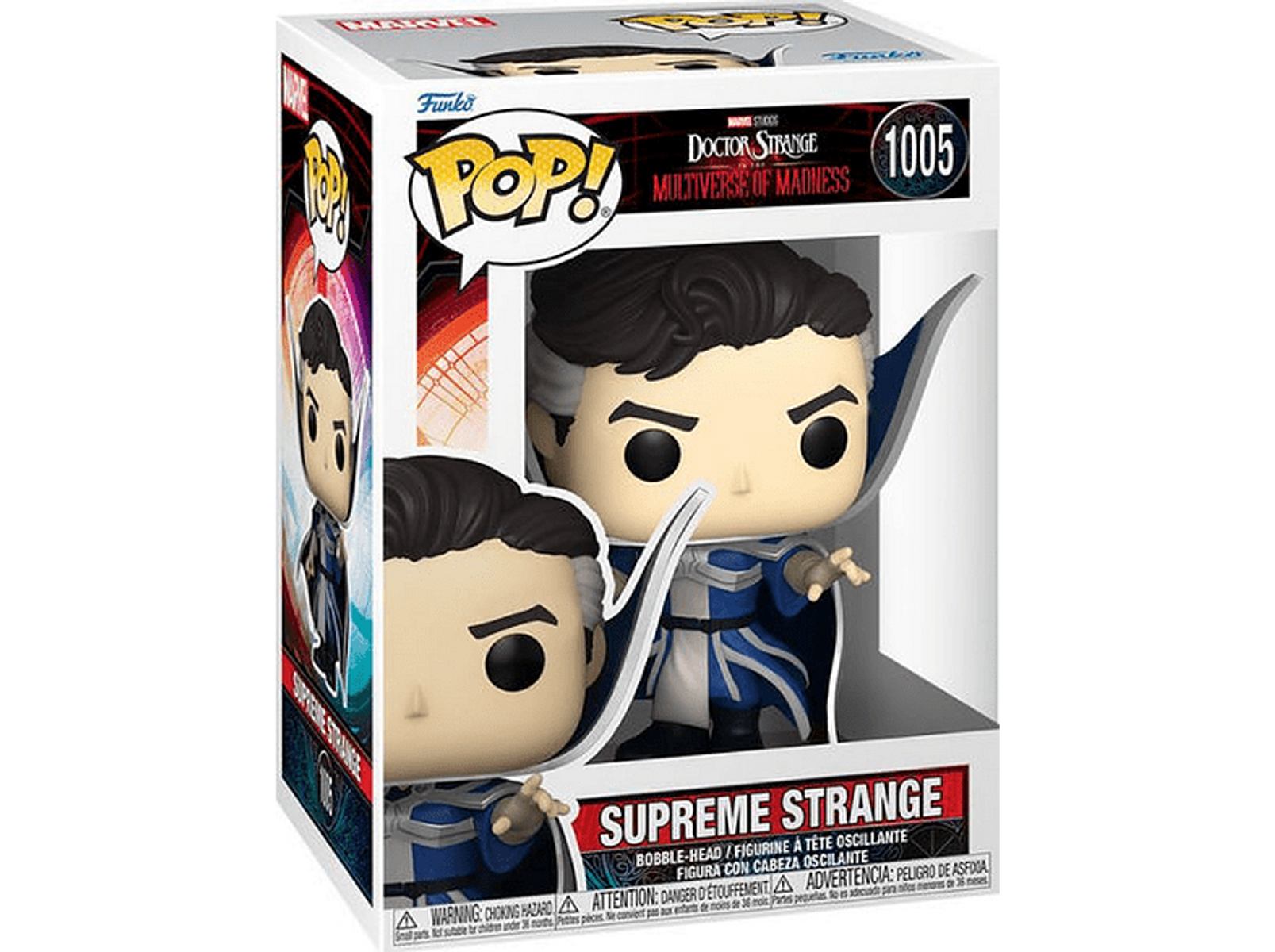 Figura Funko Pop di Supreme Strange di Dr. Strange. La figura è in una scatola con testo.