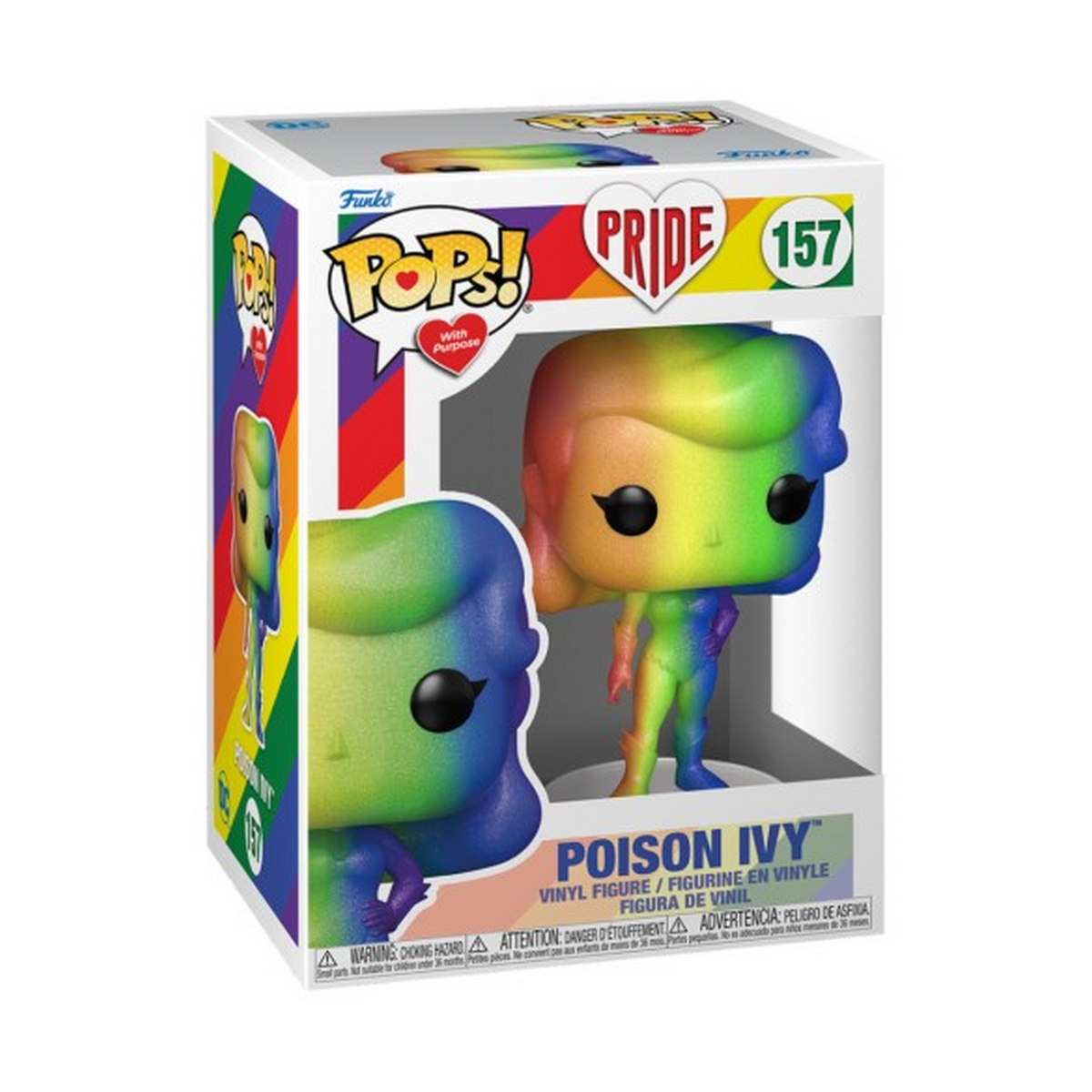 Una scatola Funko Pop con una figura di Poison Ivy arcobaleno. La scatola ha il logo.