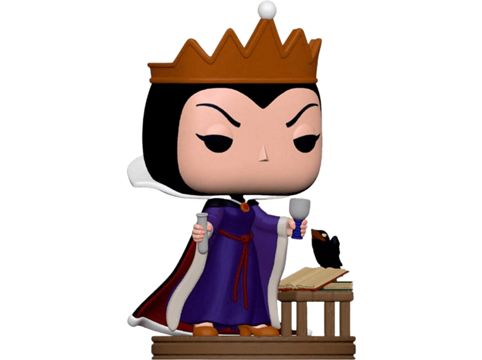 Una figura Funko Pop de la Reina Malvada, sosteniendo un vaso y una botella de poción, sobre un pedestal.