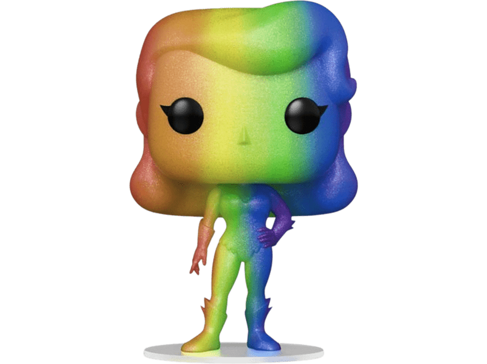 Figura Funko Pop di una donna arcobaleno. Ha un corpo colorato e si trova su uno sfondo nero.