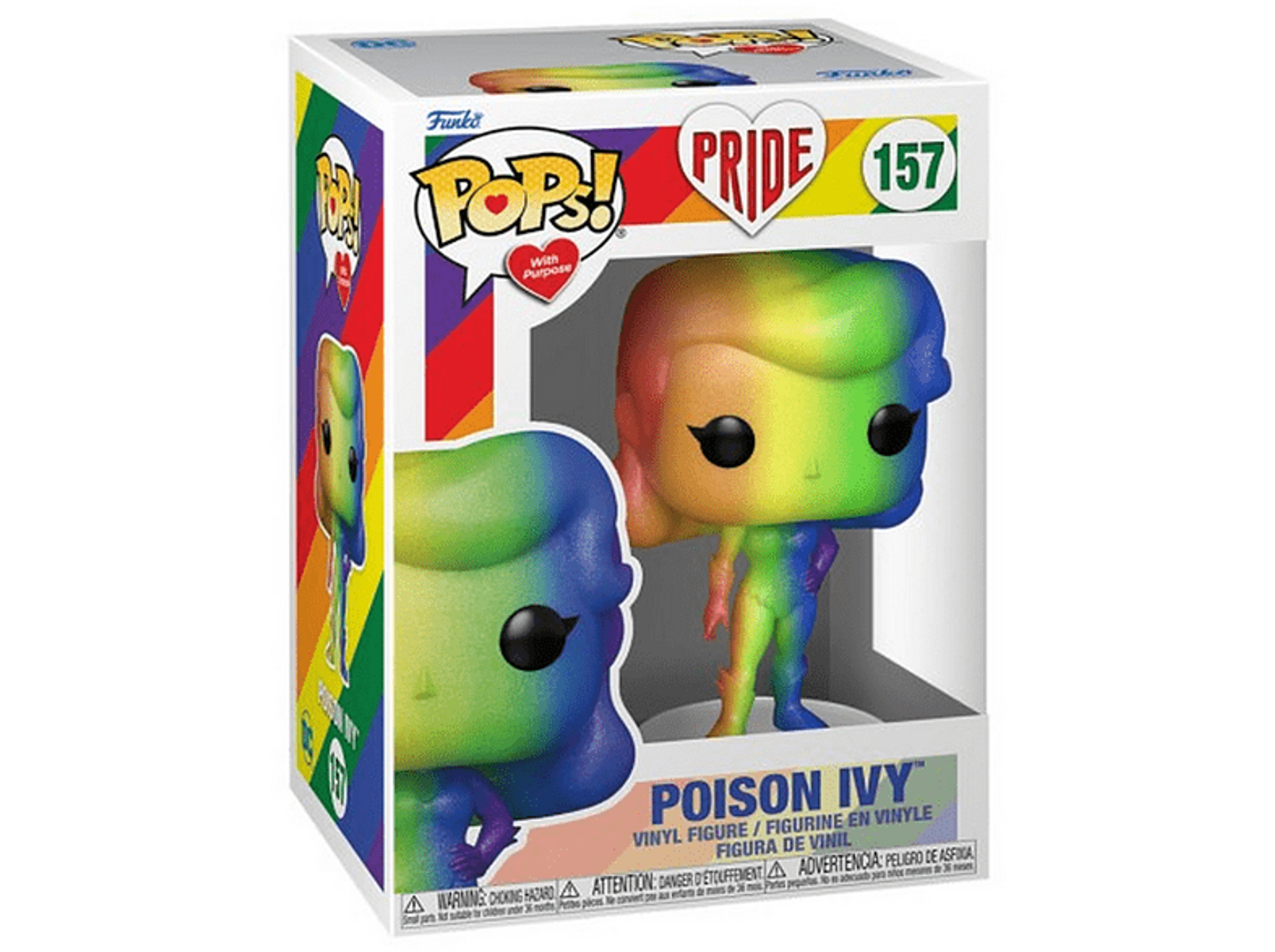 Una figura Funko Pop a tema Pride di Poison Ivy in una scatola arcobaleno.