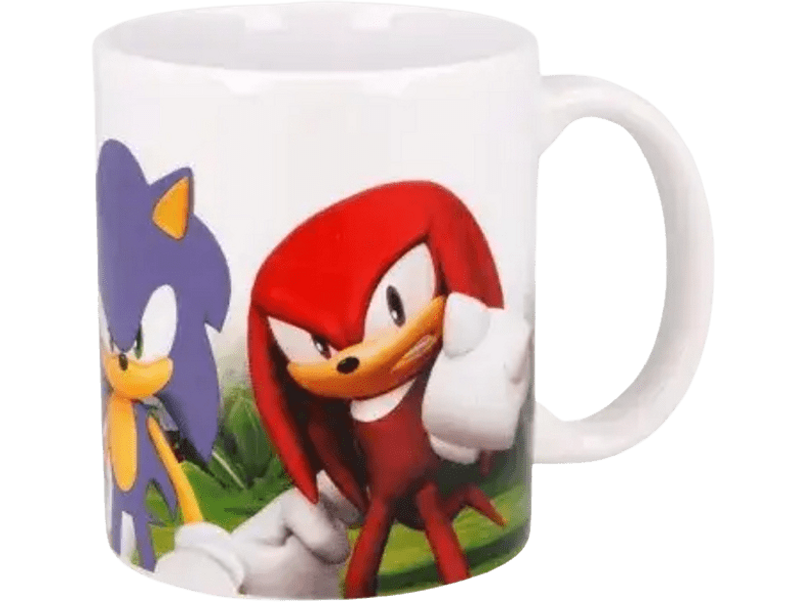 Taza blanca con Sonic y Knuckles de Sonic the Hedgehog. Están en una pose de lucha.