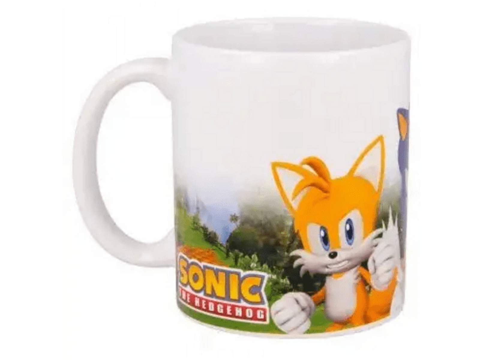Taza blanca con los personajes de Sonic the Hedgehog y Tails. Fondo verde y azul.