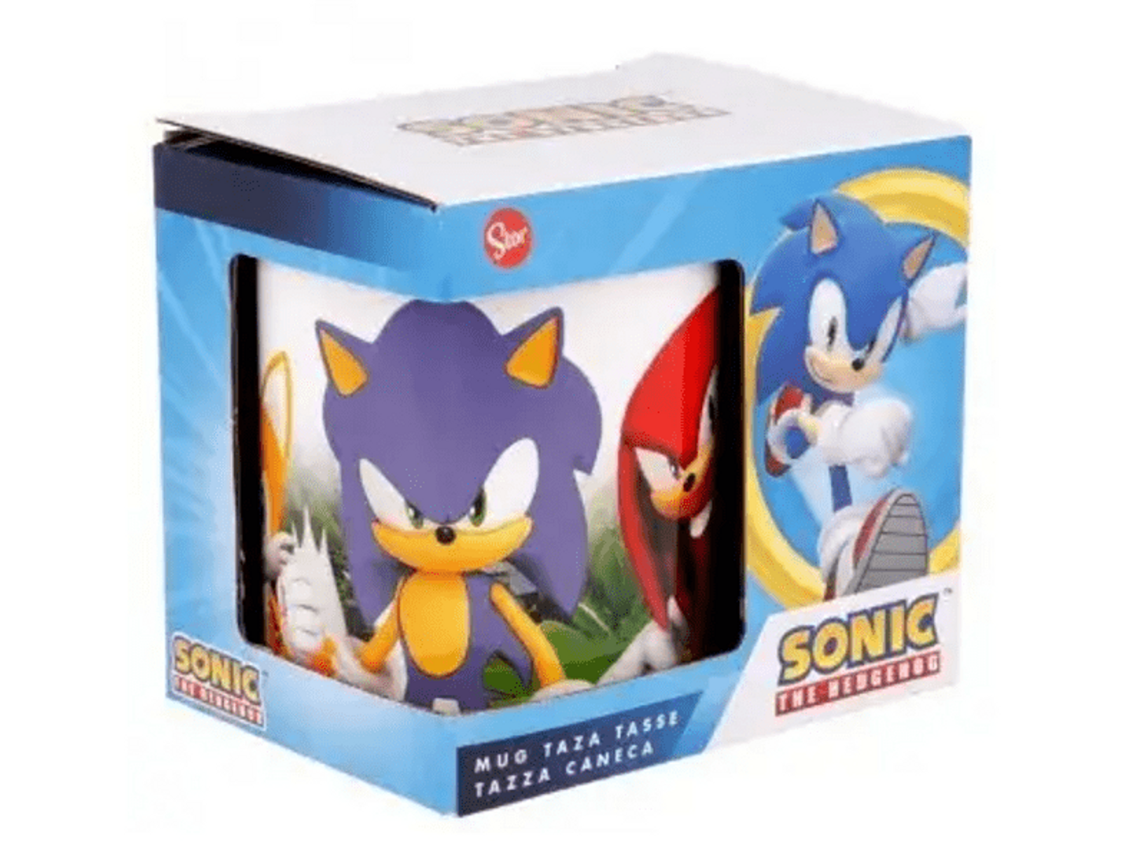 Una taza con personajes de Sonic the Hedgehog. La taza está en una caja.