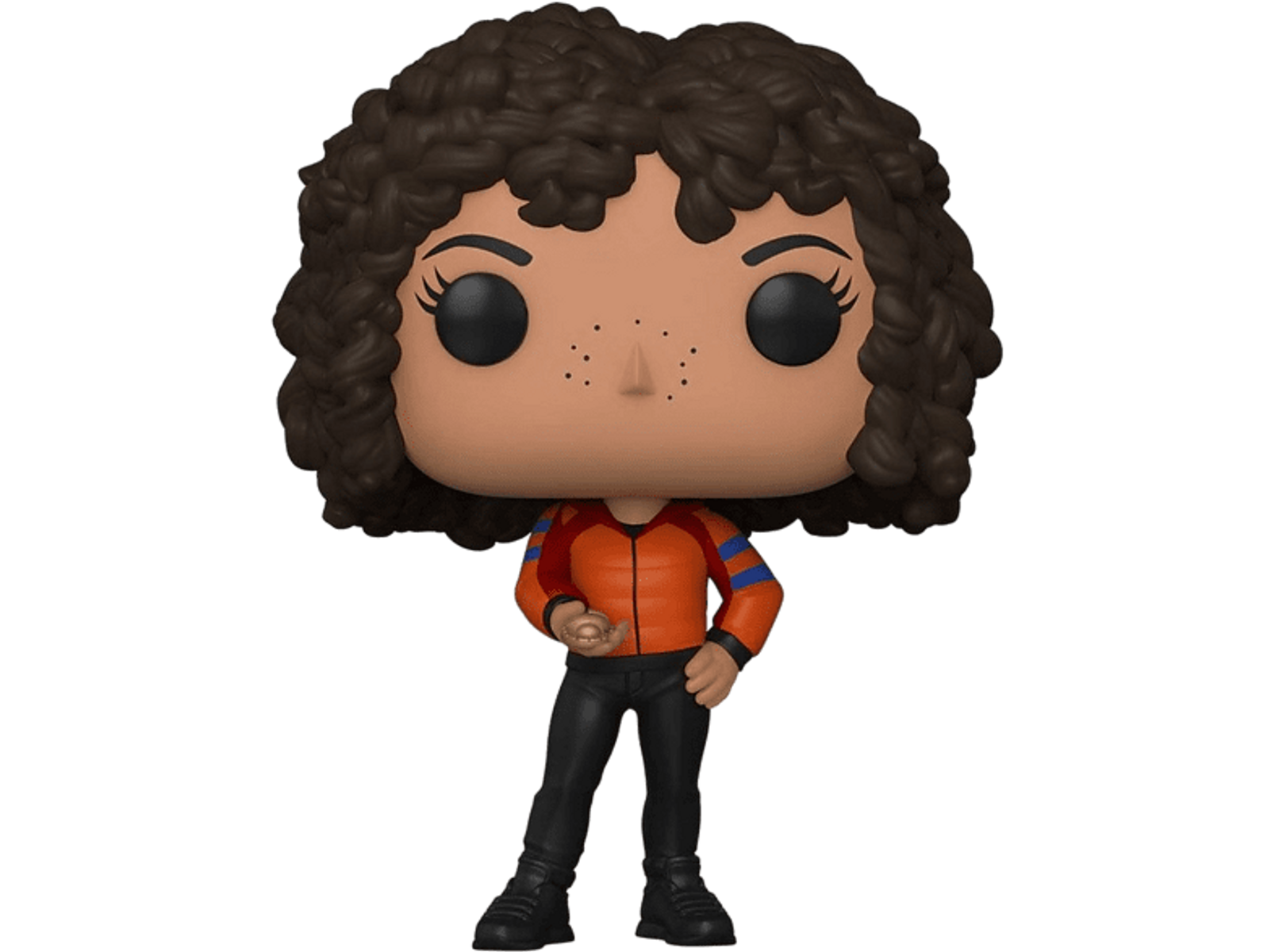 Figura Funko Pop di Undici. Indossa giacca arancione, pantaloni neri e ha capelli castano ricci.