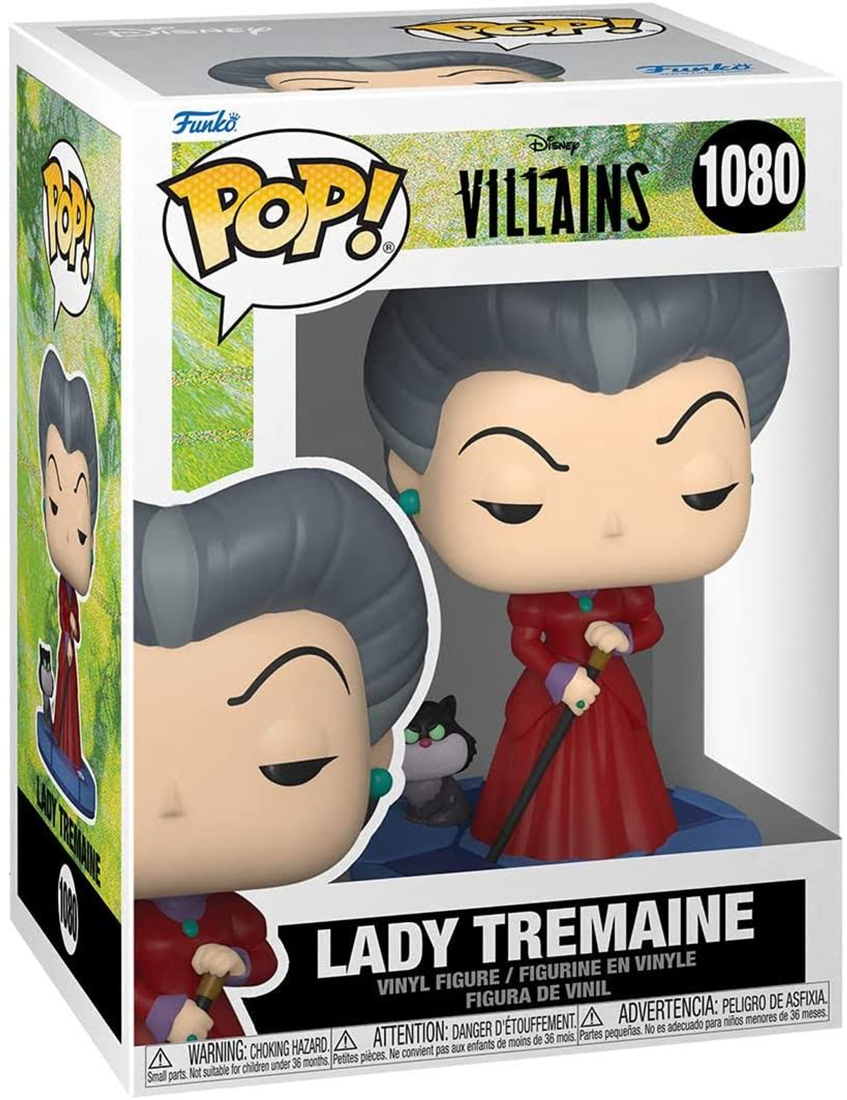 Funko Pop! Lady Tremaine figure in box. The figure is in a red dress and holding a cane.