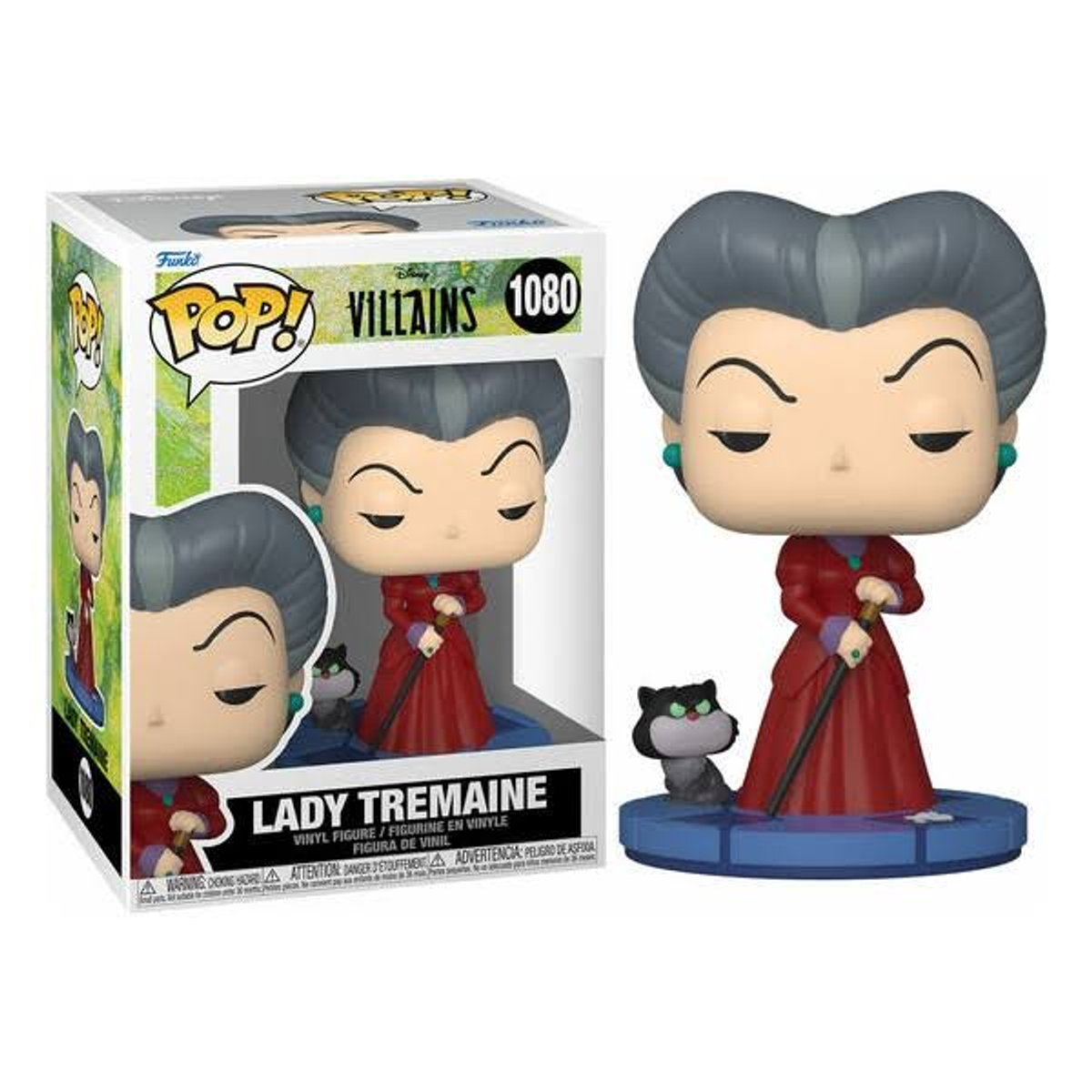 Lady Tremaine Funko Pop figure with a box. She is in a red dress, a cat, and walking stick are present.