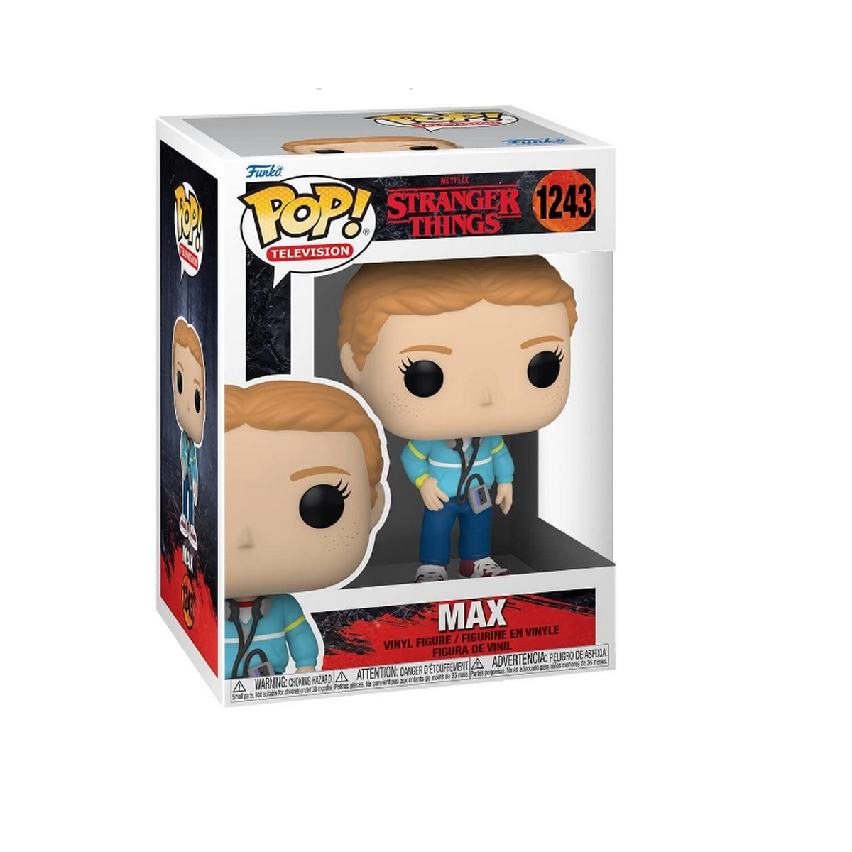 Eine Funko Pop Box von Max aus Stranger Things. Die Figur trägt eine blaue Jacke und hält ein Radio.