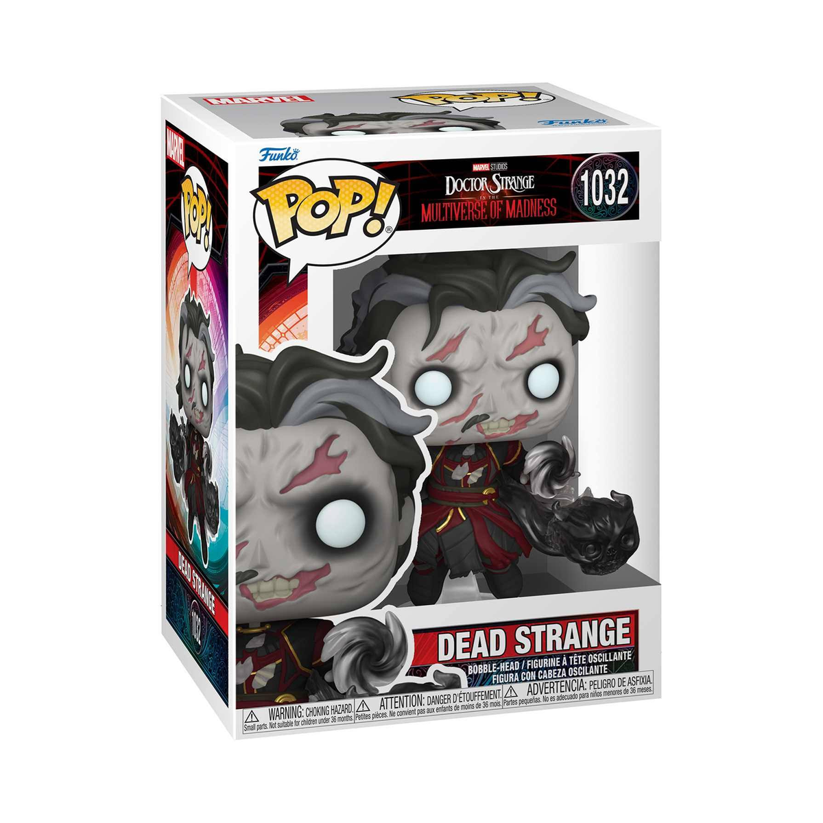 Scatola Funko Pop! di una figura di Dead Strange. La figura ha tratti simili a uno zombie e tiene in mano una creatura nera.