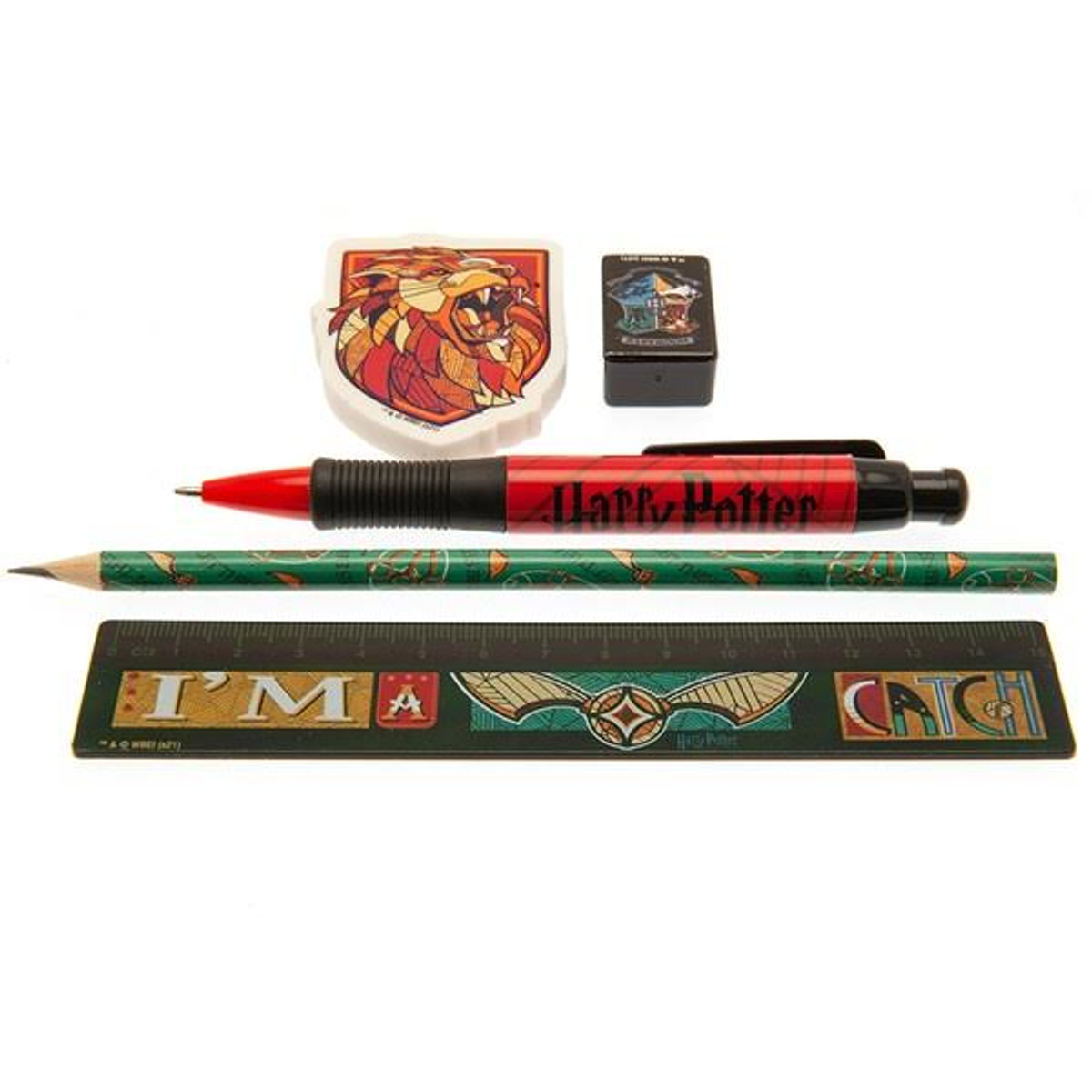 Set de papelería de Harry Potter con bolígrafo, lápiz, borrador y regla.