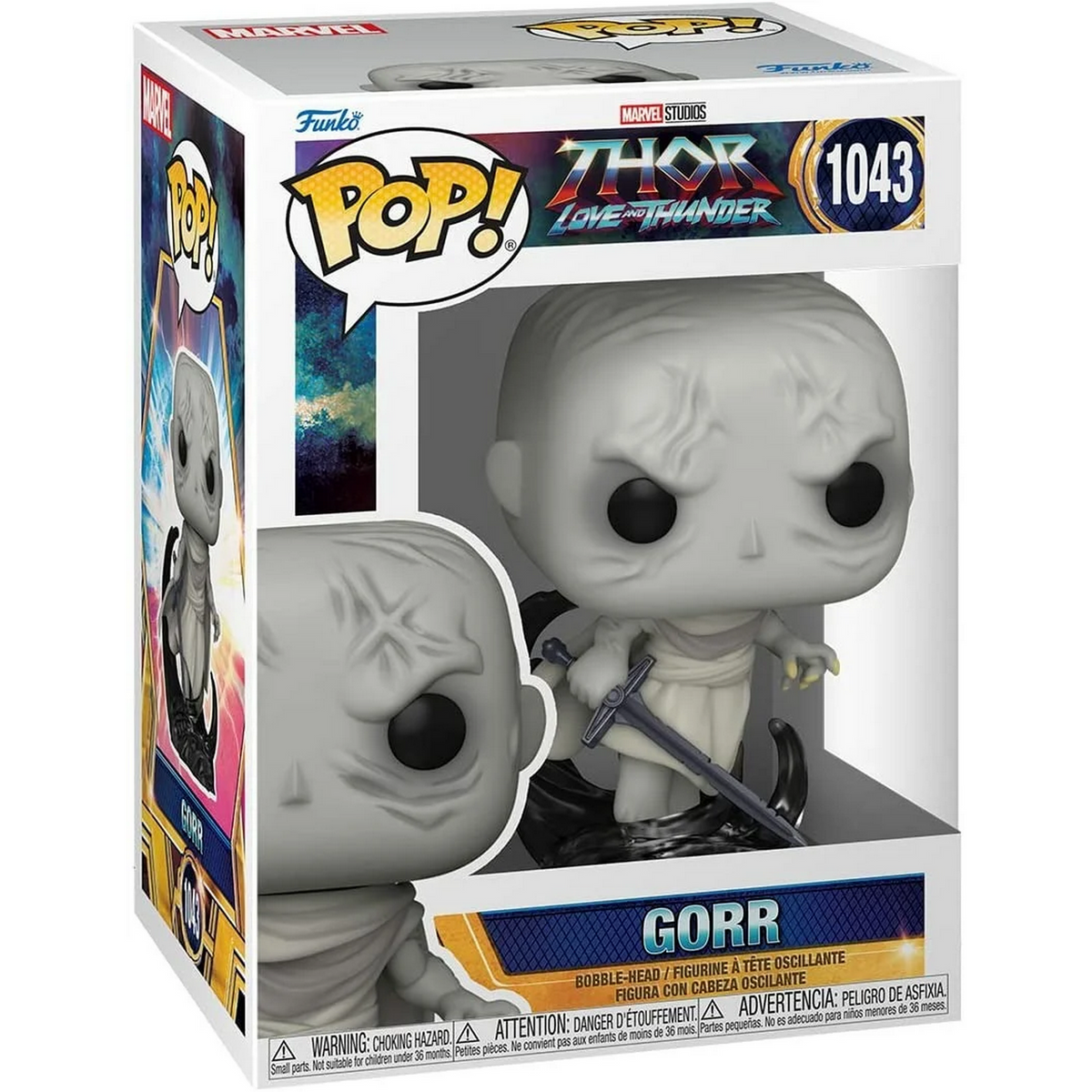 Figura Funko Pop di Gorr di Thor: Love and Thunder. Figura grigia con una spada e occhi neri.