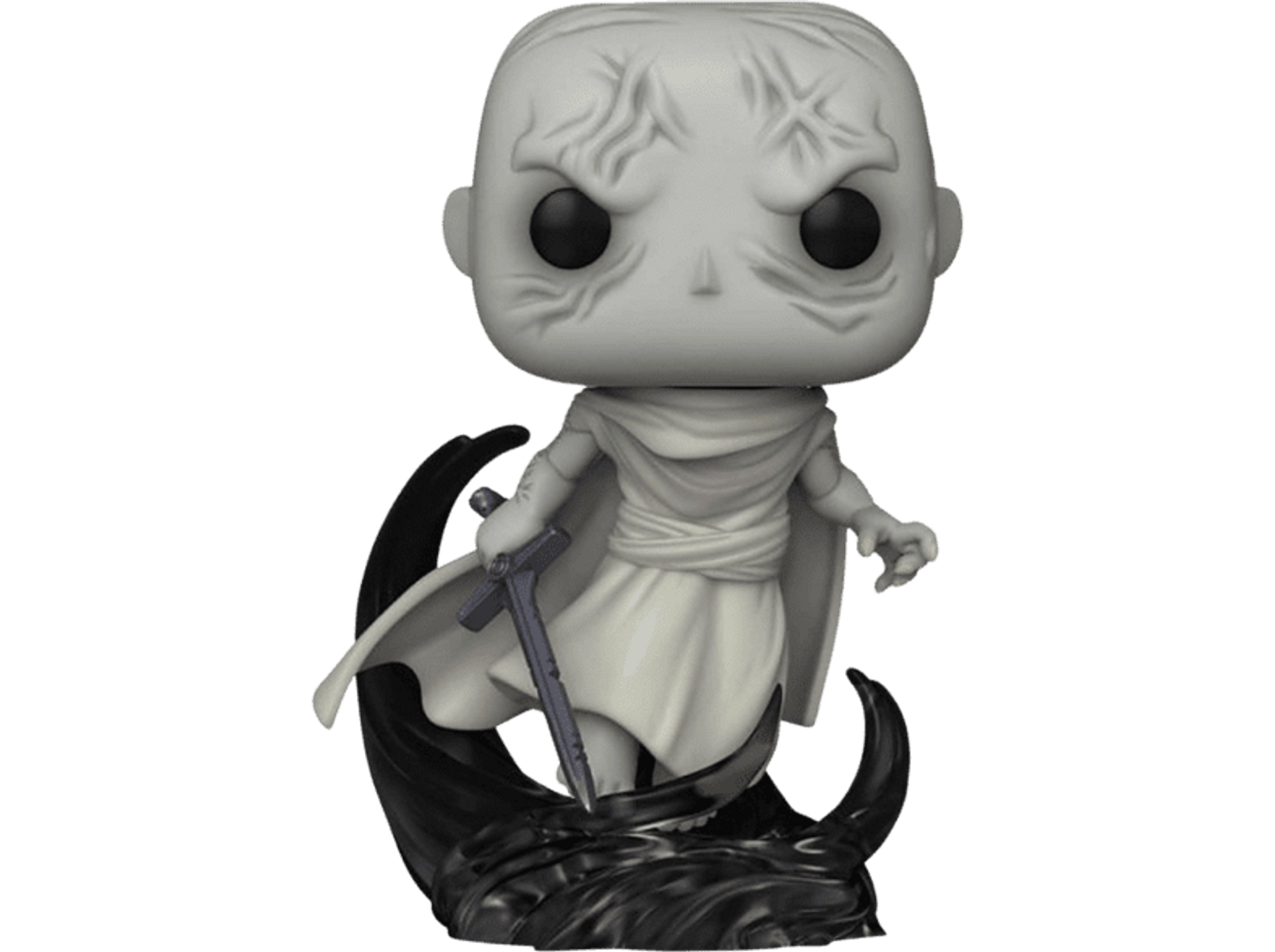 Figura Funko Pop di un personaggio dalla pelle bianca con una spada. Sfondo e base neri.