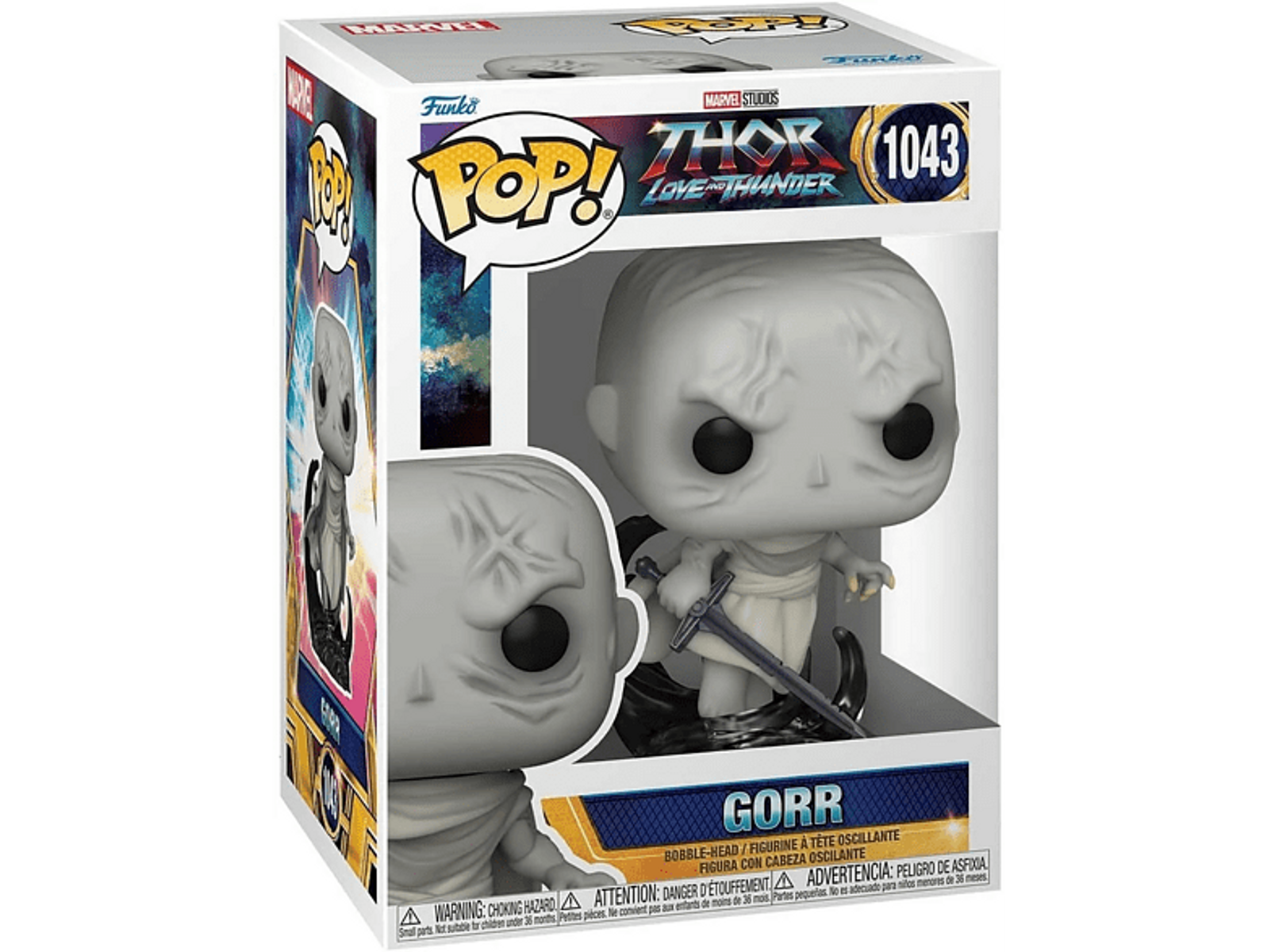 Una statuetta Funko Pop di Gorr da Thor, in una scatola. Gorr è bianco con segni.