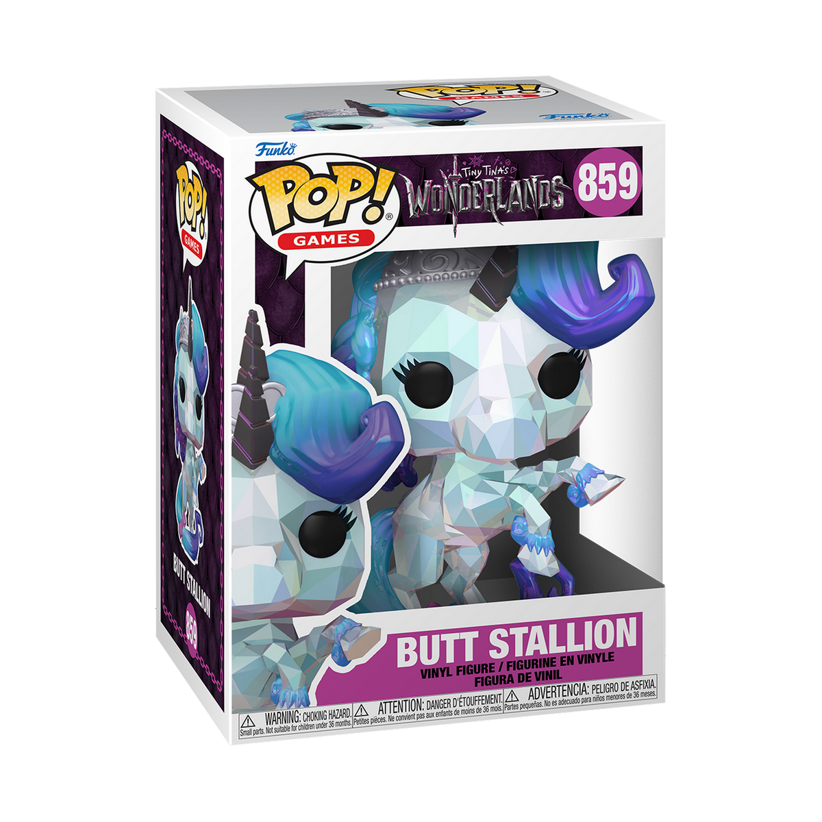 Una figura Funko Pop di un unicorno. In una scatola, etichettata 'Butt Stallion' da Tiny Tina's Wonderlands.