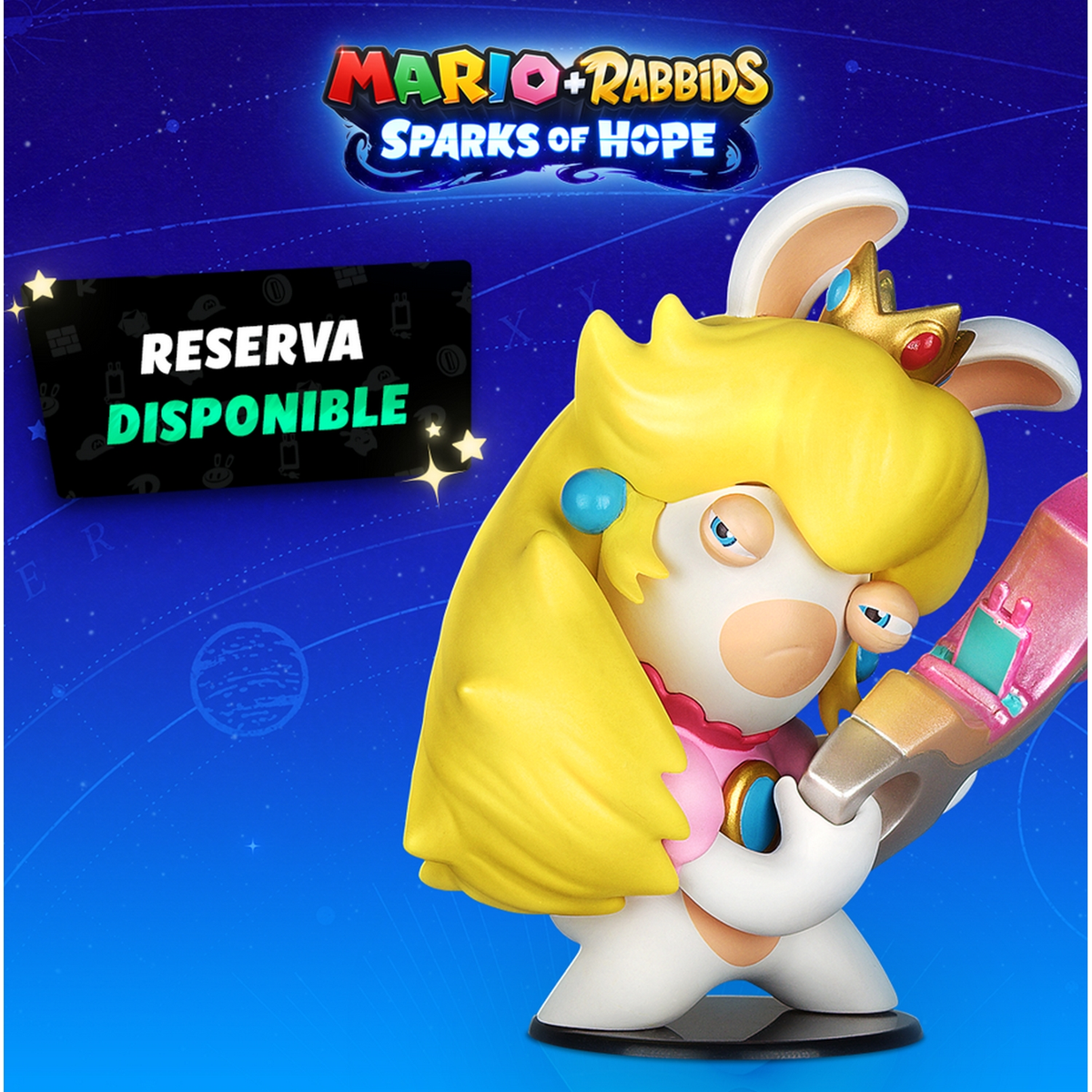 Una figura de Rabbid Peach con una corona, sosteniendo un arma, con arte del juego en el fondo.