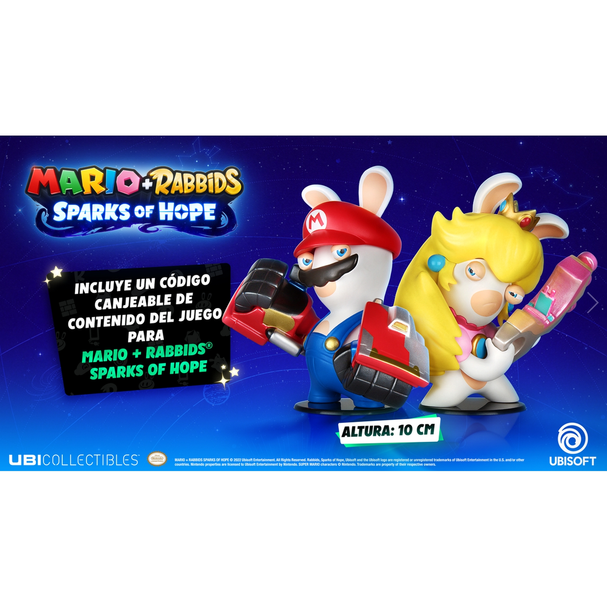 Figuras de Mario y Rabbit con código de juego y logo.