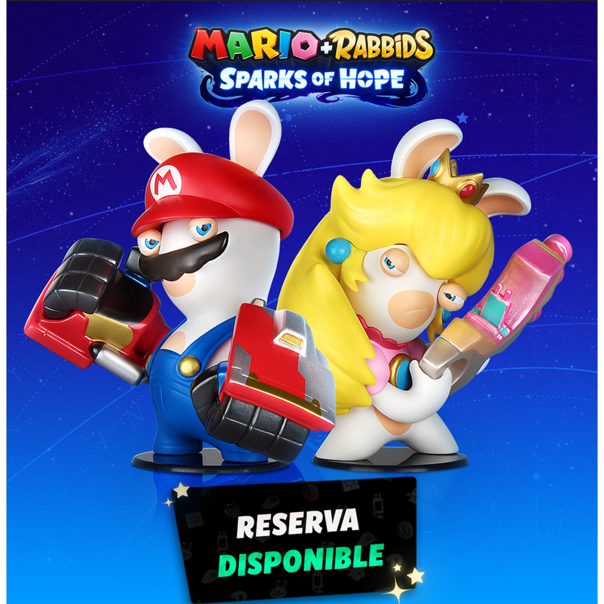 Figuras de Mario + Rabbids. Mario Rabbid con gorro rojo, peto azul, sosteniendo un arma. Princesa Rabbid con pistola.