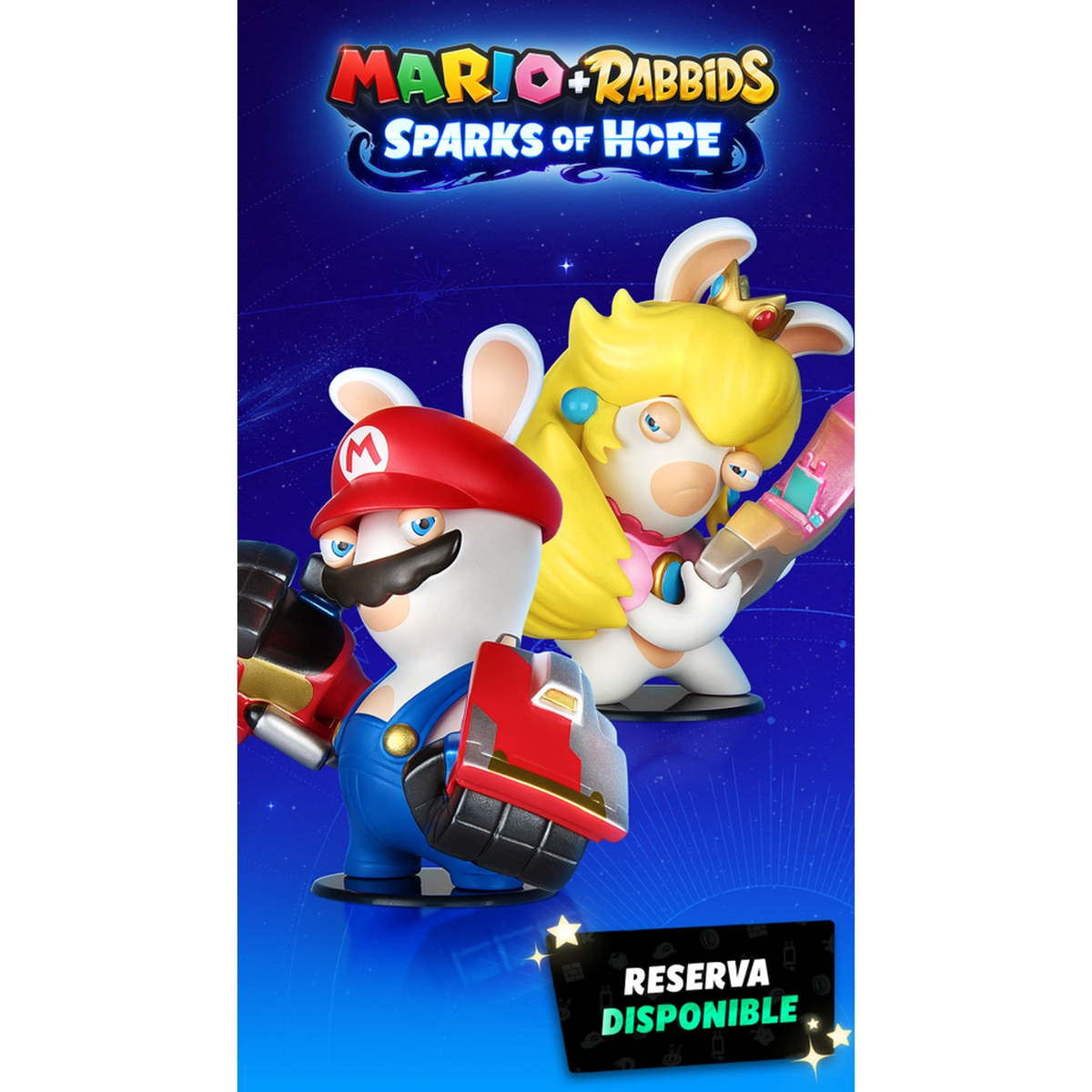 Mario y un Rabbid en un anuncio de videojuego, con texto para 'Mario + Rabbids Sparks of Hope'.