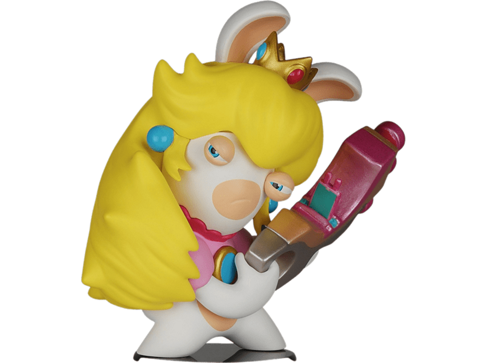 Figura de Rabbid Peach con una pistola rosa, corona, pelo amarillo y cuerpo blanco.