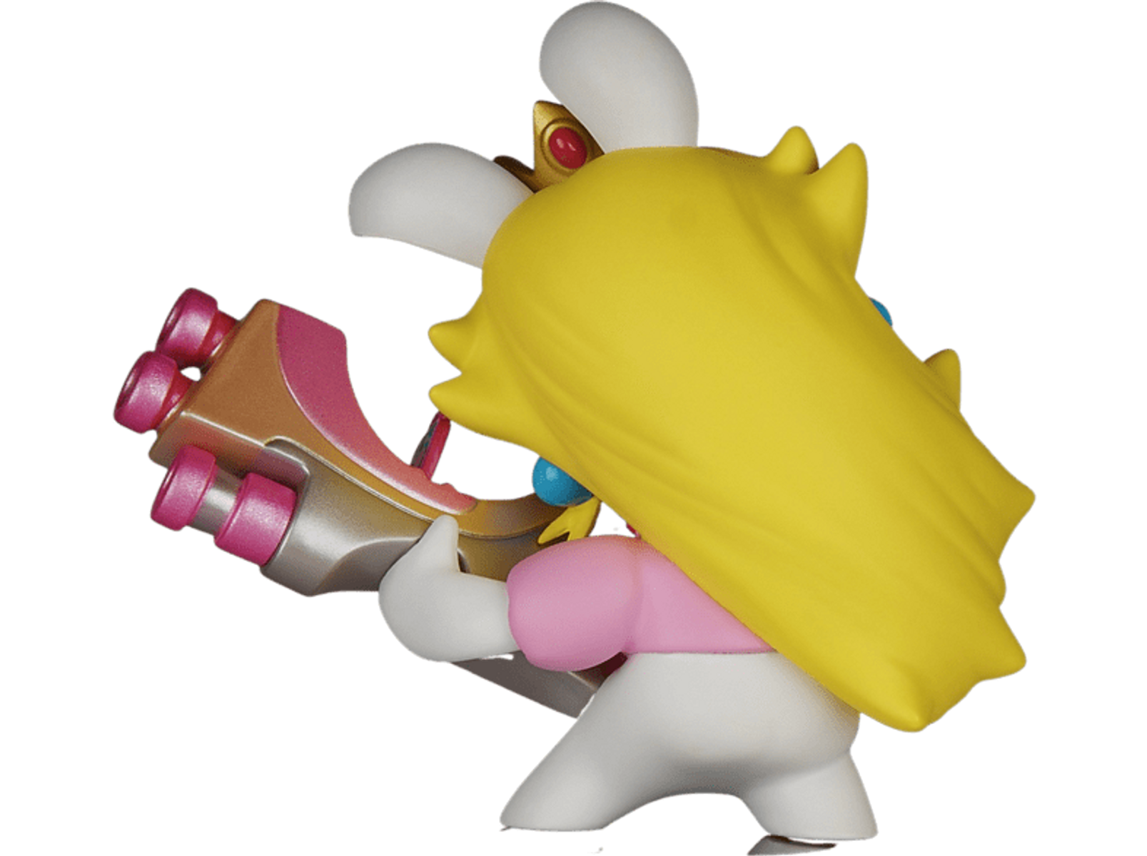 Una figura Funko Pop de la Princesa Peach como Rabbid, sosteniendo un arma rosa y dorada.